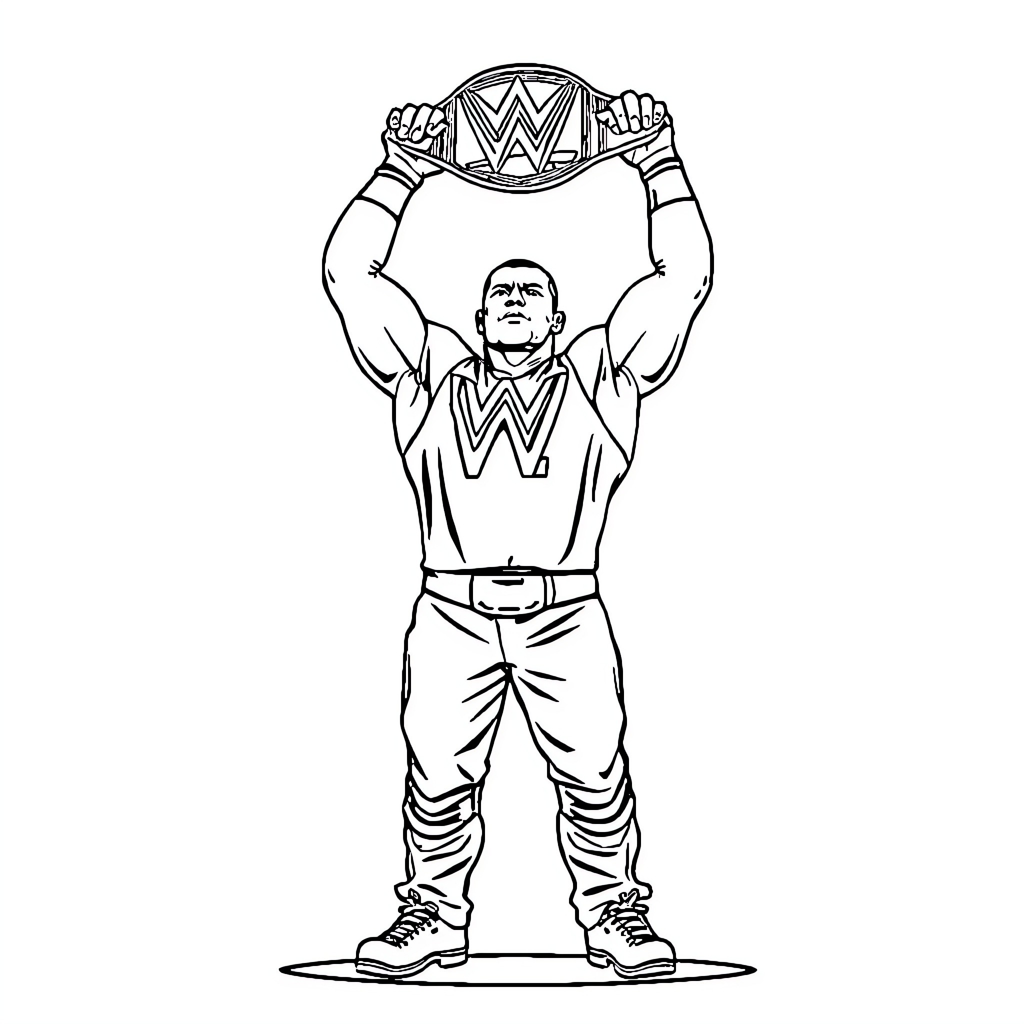 John Cena Proudly Displaying Championship Belt Coloring Page (free black-and-white line drawing printable PDF for all, from beginners to advanced learners, including children, teens, adults, and seniors)