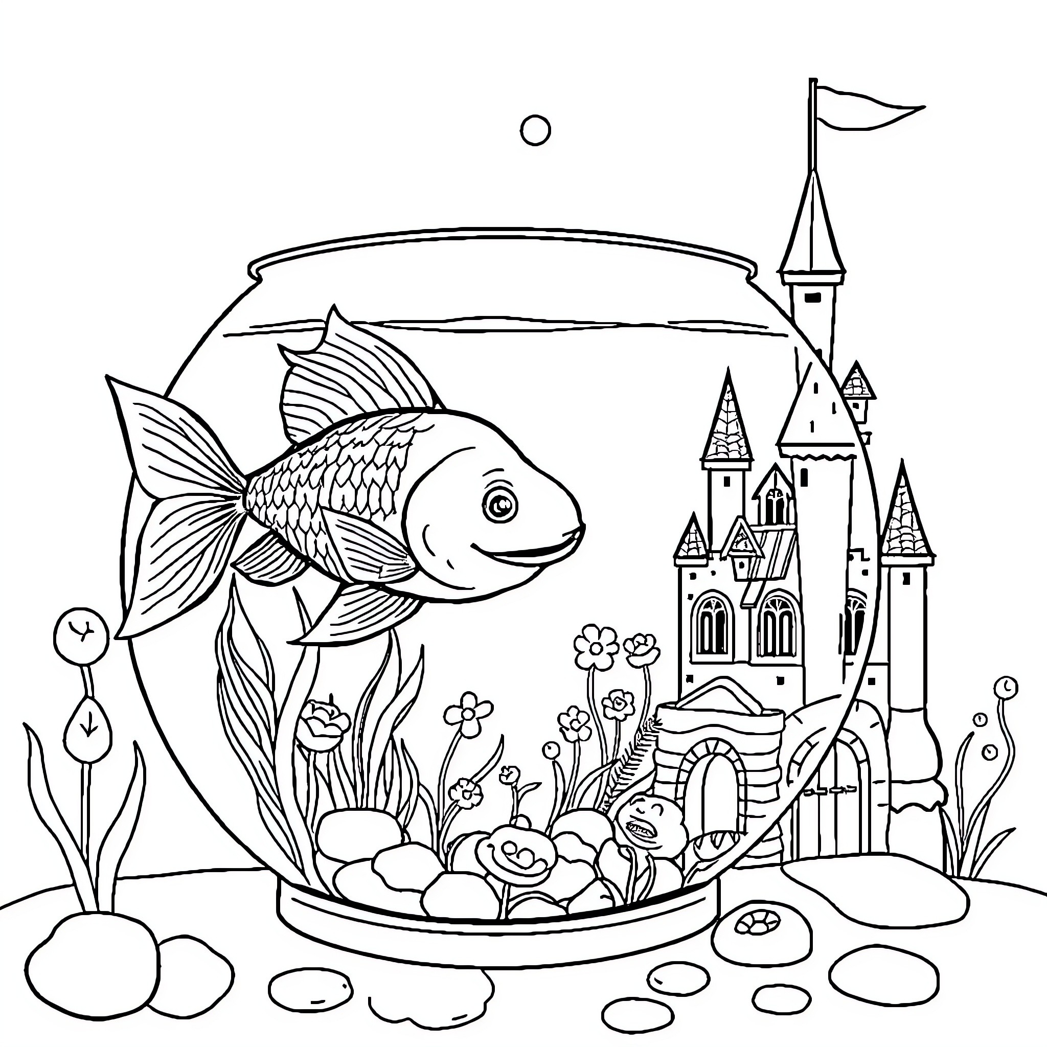 Goldfish swimming in enchanted underwater castle Coloring Page (free black-and-white line drawing printable PDF for all, from beginners to advanced learners, including children, teens, adults, and seniors)