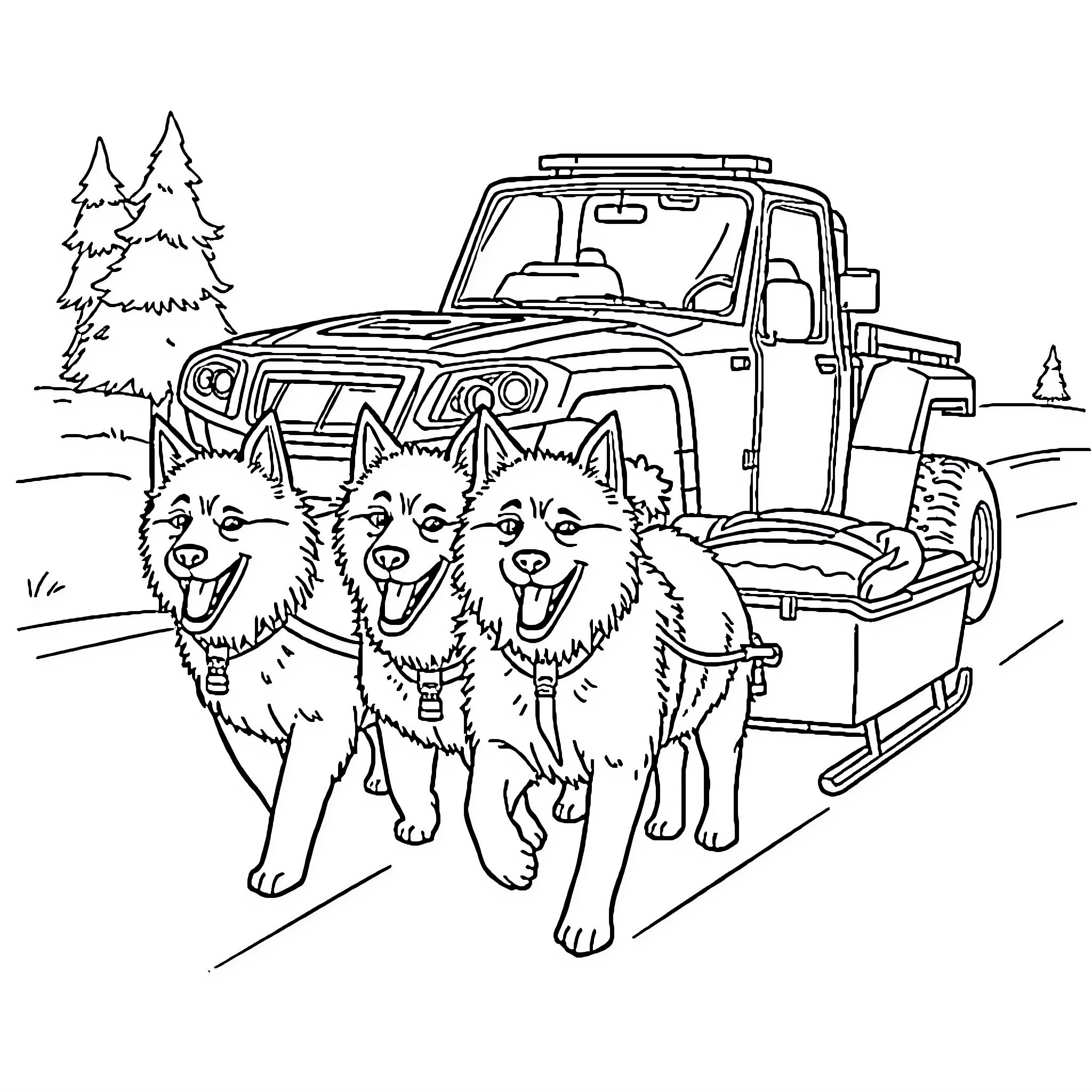 Dog sledding team pulling a truck in the forest Coloring Page (free black-and-white line drawing printable PDF for all, from beginners to advanced learners, including children, teens, adults, and seniors)