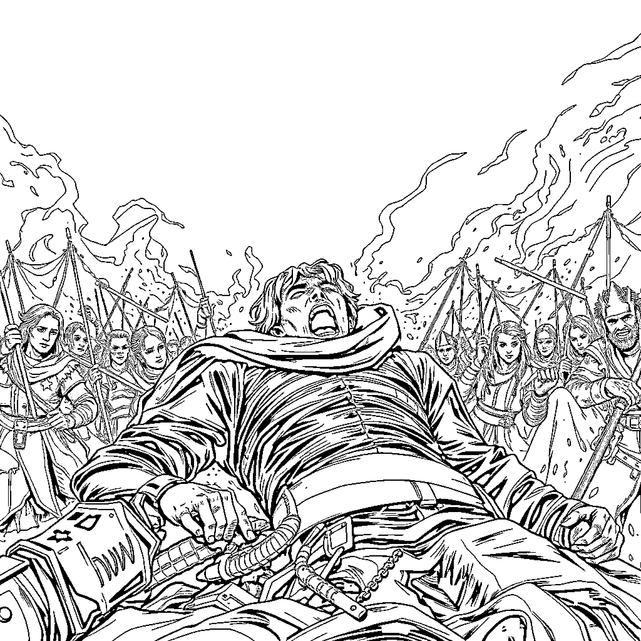 Eren Confronting the Colossal Titan in Intense Battle Coloring Page (free black-and-white line drawing printable PDF for all, from beginners to advanced learners, including children, teens, adults, and seniors)