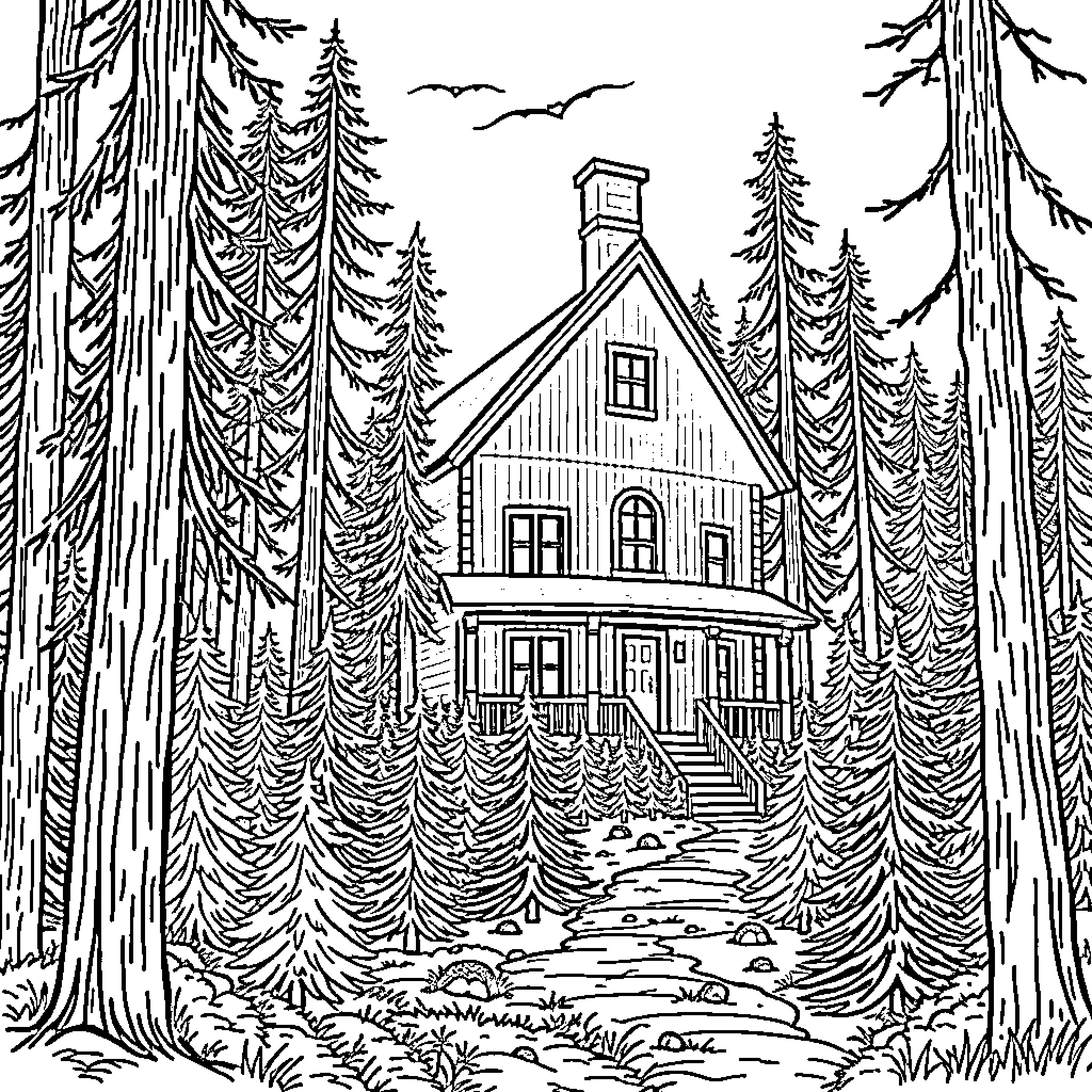 House in the Serene Forest Landscape Coloring Page (free black-and-white line drawing printable PDF for all, from beginners to advanced learners, including children, teens, adults, and seniors)