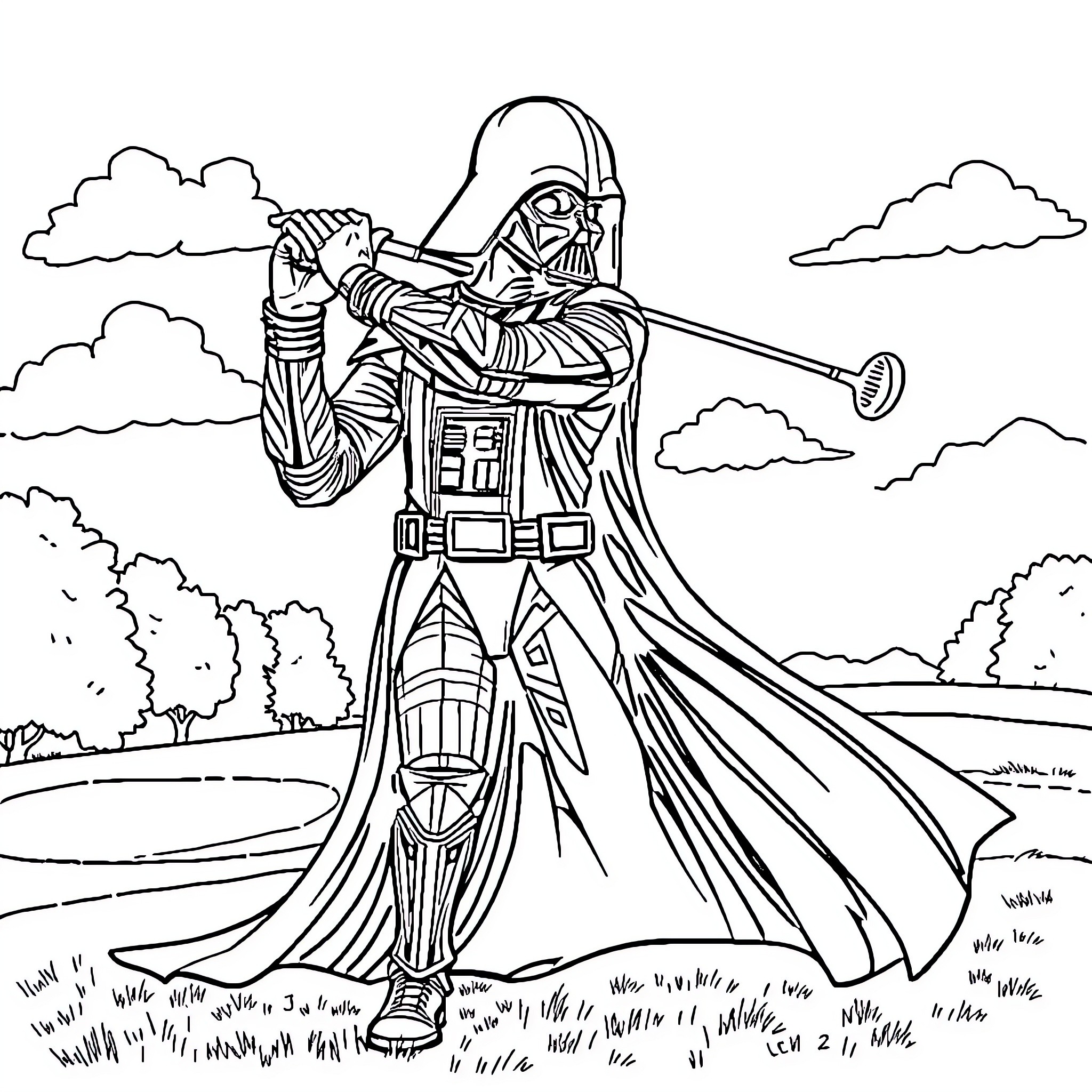 Darth Vader wielding his iconic lightsaber in an outdoor scene Coloring Page (free black-and-white line drawing printable PDF for all, from beginners to advanced learners, including children, teens, adults, and seniors)