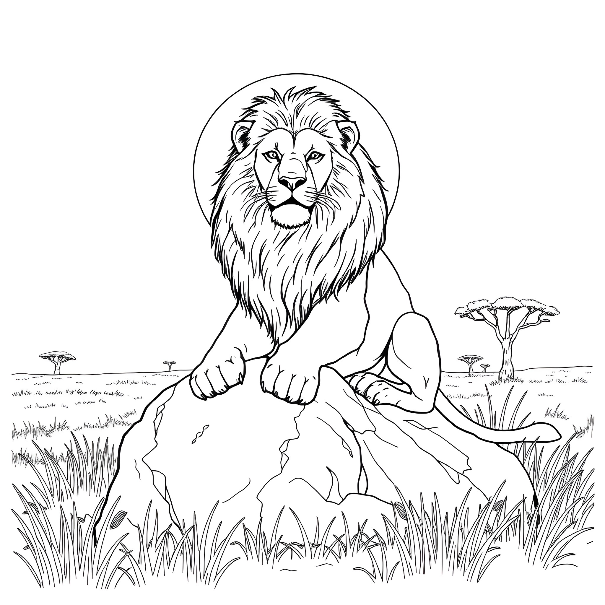 Lion resting in the savanna landscape Coloring Page (free black-and-white line drawing printable PDF for all, from beginners to advanced learners, including children, teens, adults, and seniors)