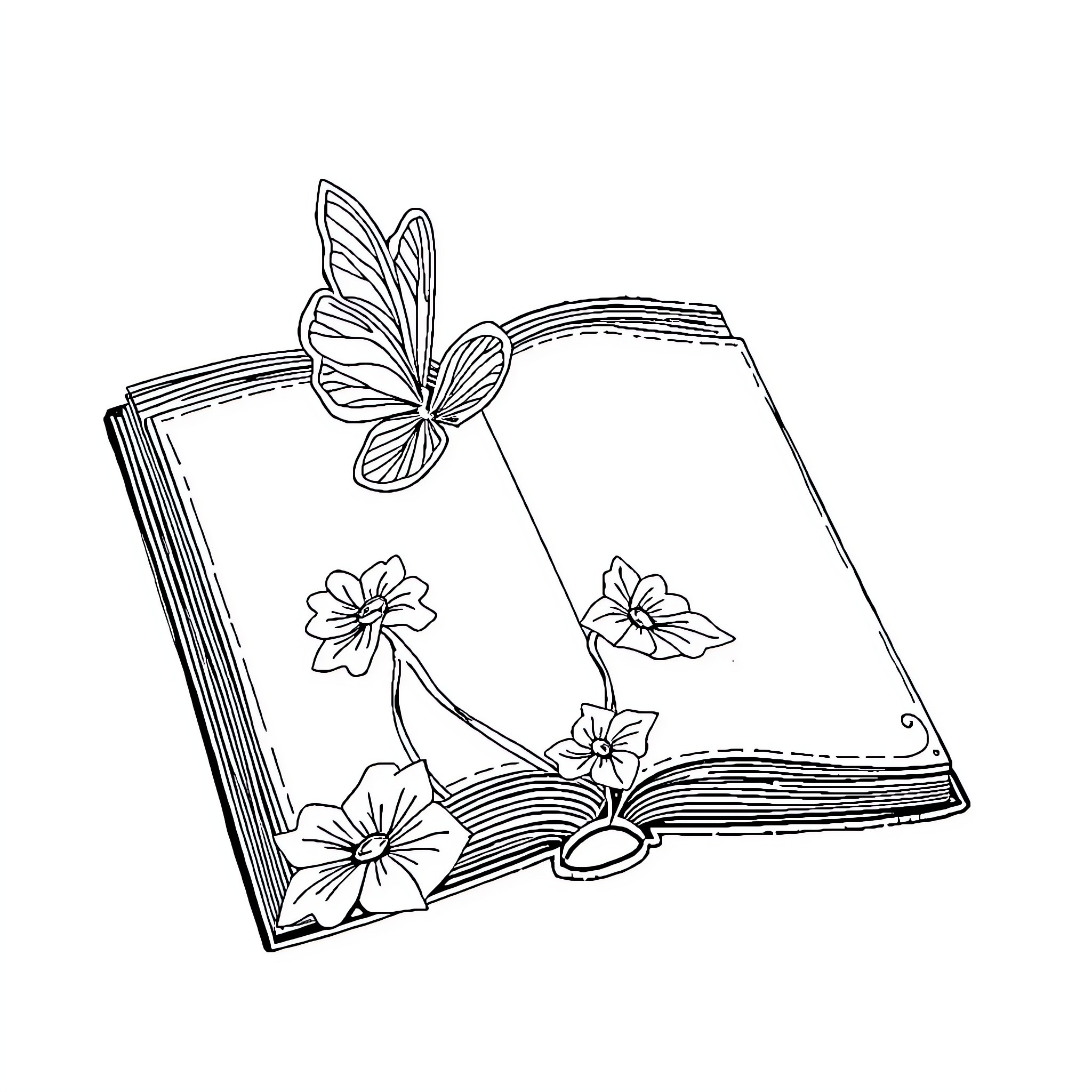 Book with Floral Designs and Butterfly Coloring Page (free black-and-white line drawing printable PDF for all, from beginners to advanced learners, including children, teens, adults, and seniors)