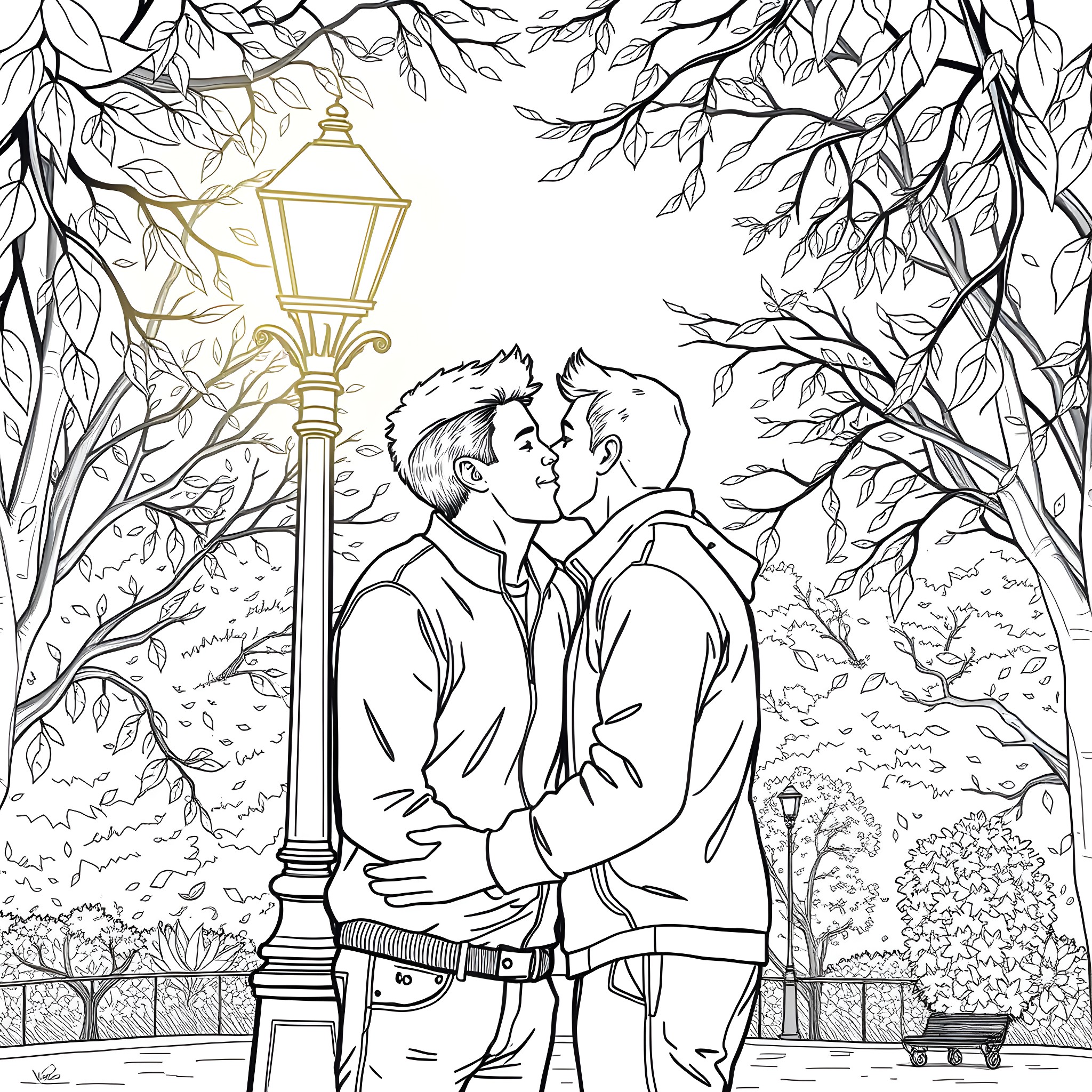 Man and Man Embracing in Romantic Park Scene Coloring Page (free black-and-white line drawing printable PDF for all, from beginners to advanced learners, including children, teens, adults, and seniors)