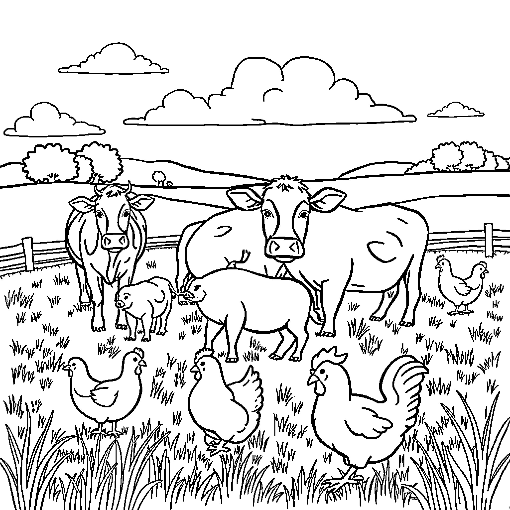Farm Animal Gathering in Pastoral Landscape Coloring Page (free black-and-white line drawing printable PDF for all, from beginners to advanced learners, including children, teens, adults, and seniors)