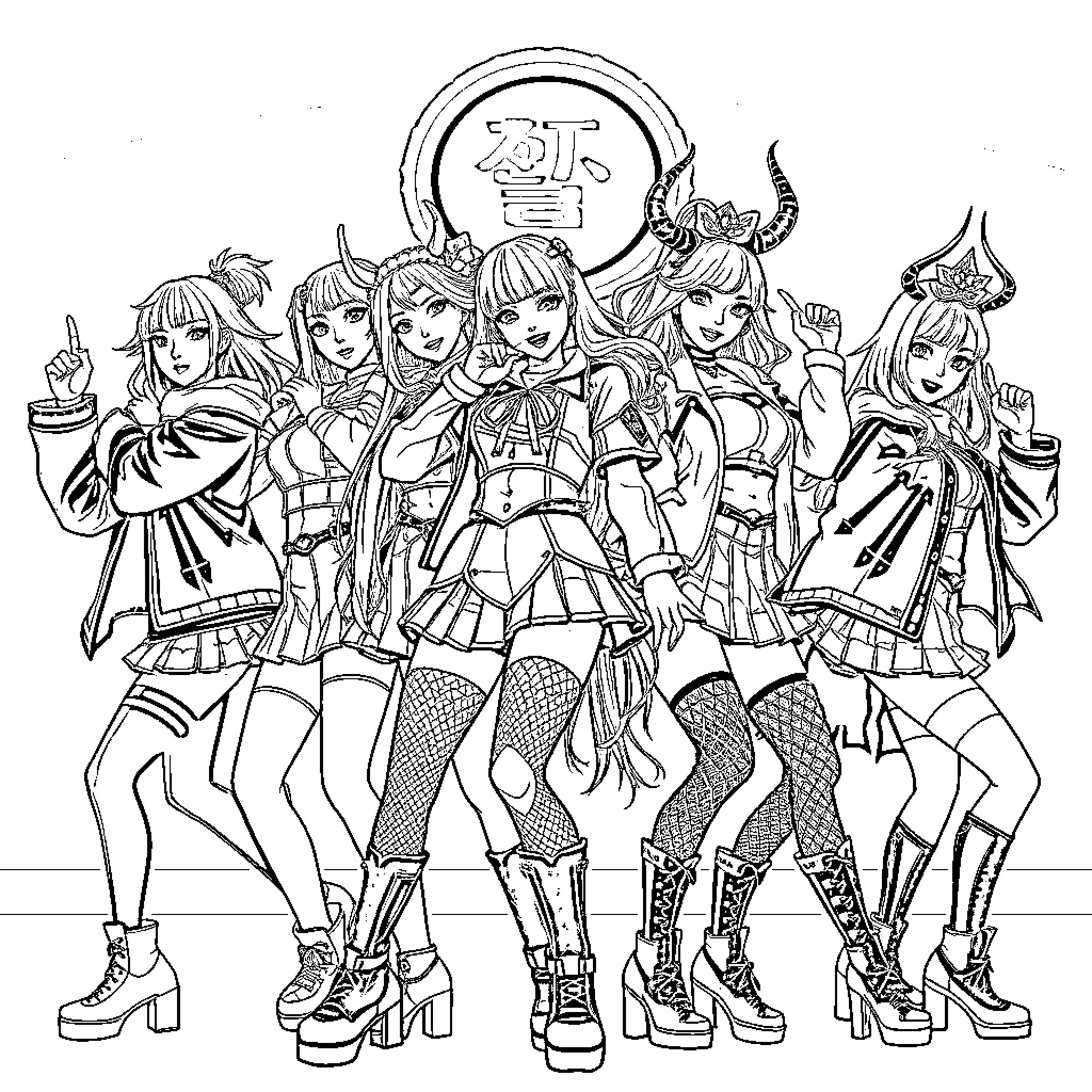 K-pop Girl Group Performing on Stage with Elaborate Outfits Coloring Page (free black-and-white line drawing printable PDF for all, from beginners to advanced learners, including children, teens, adults, and seniors)