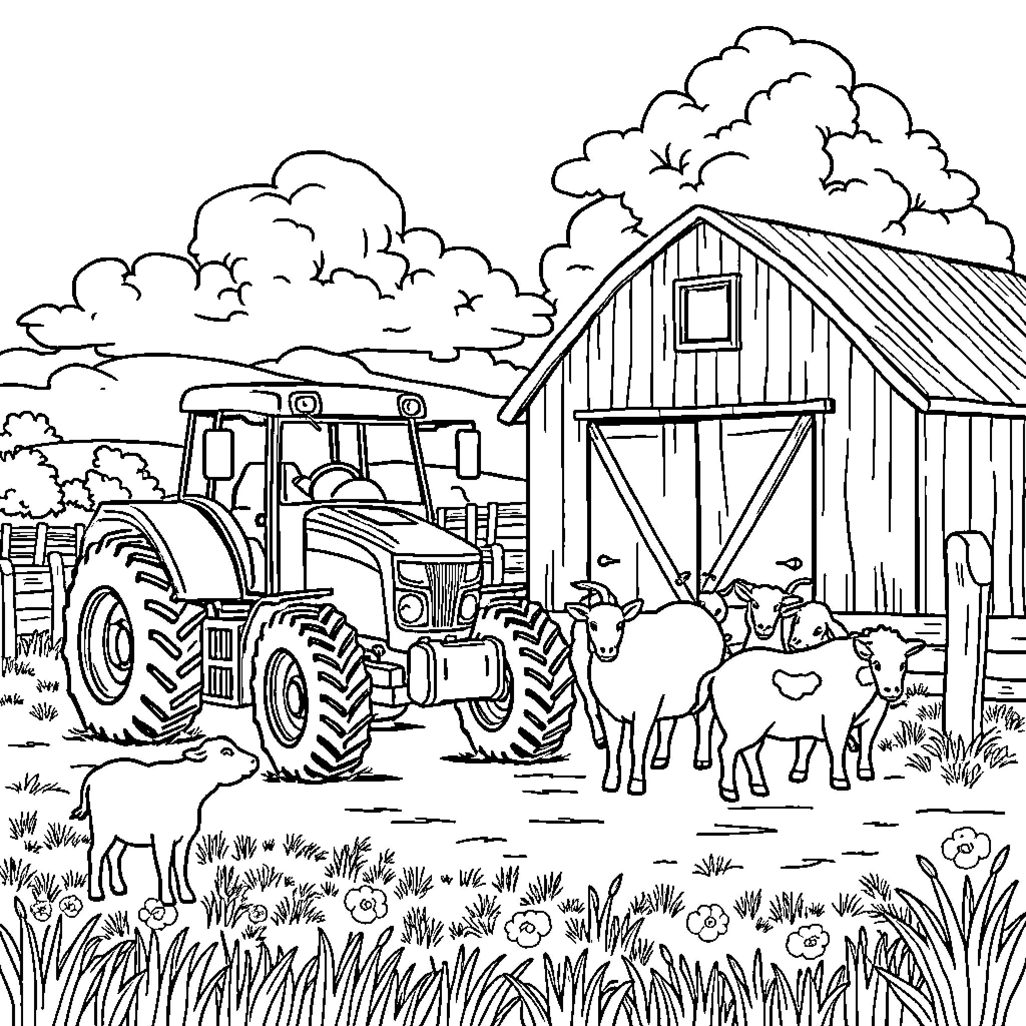 Farm Animal Tractor and Barn with Grazing Animals Coloring Page (free black-and-white line drawing printable PDF for all, from beginners to advanced learners, including children, teens, adults, and seniors)
