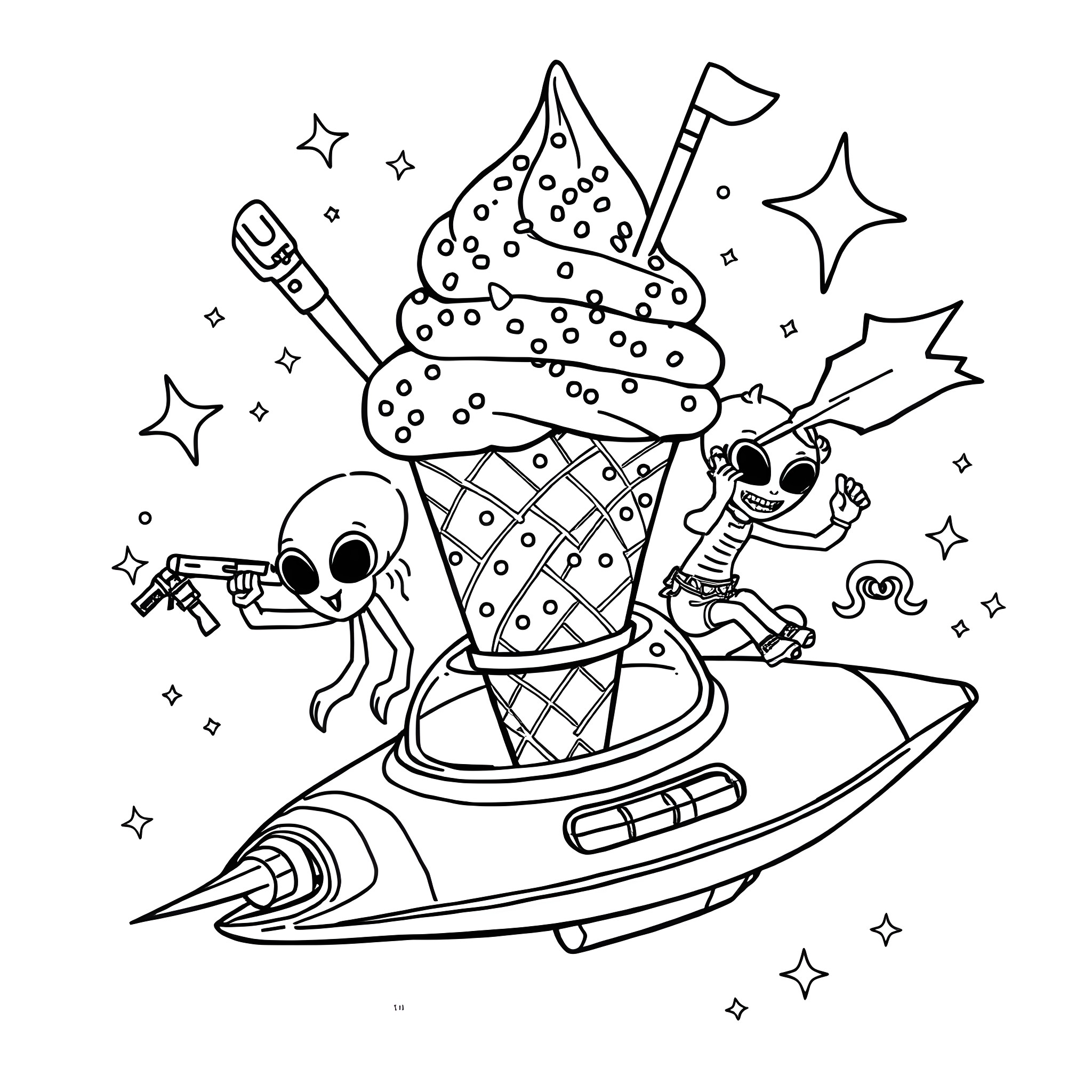 Ice Cream Aliens Explore the Galaxy Coloring Page (free black-and-white line drawing printable PDF for all, from beginners to advanced learners, including children, teens, adults, and seniors)