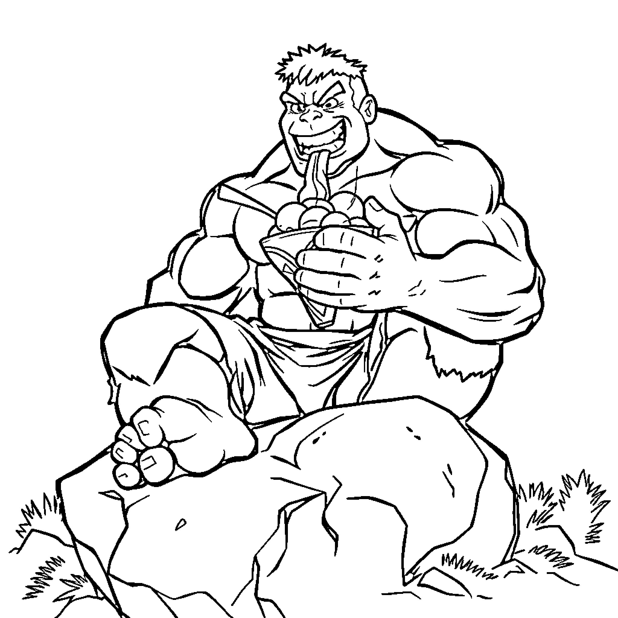 Hulk Smashing Through Rocks in Fierce Rage Coloring Page (free black-and-white line drawing printable PDF for all, from beginners to advanced learners, including children, teens, adults, and seniors)