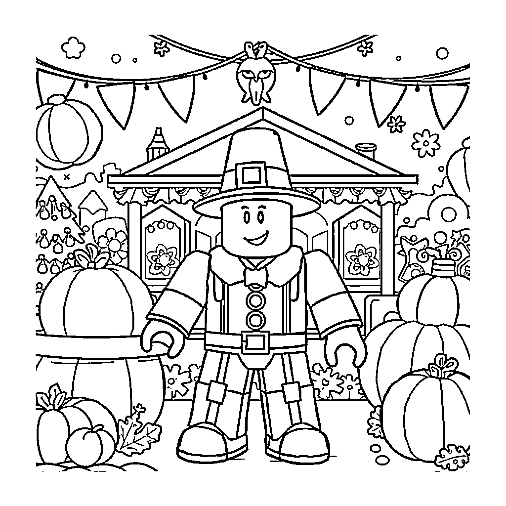 Roblox character at festive carnival Coloring Page (free black-and-white line drawing printable PDF for all, from beginners to advanced learners, including children, teens, adults, and seniors)