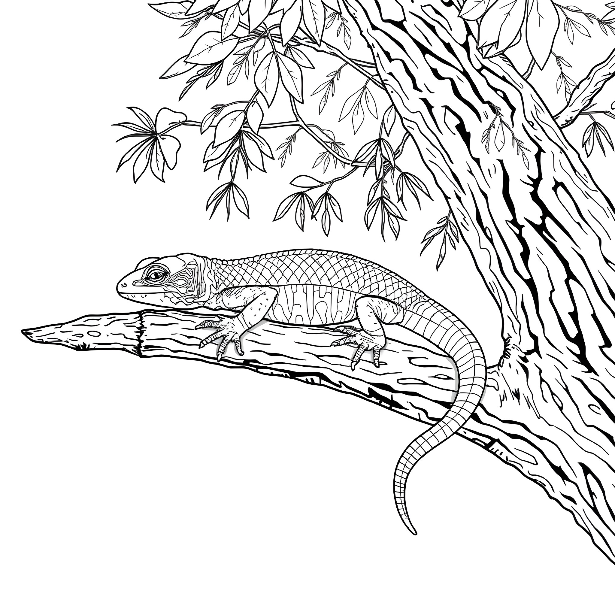 Tree Skink resting on a branch Coloring Page (free black-and-white line drawing printable PDF for all, from beginners to advanced learners, including children, teens, adults, and seniors)