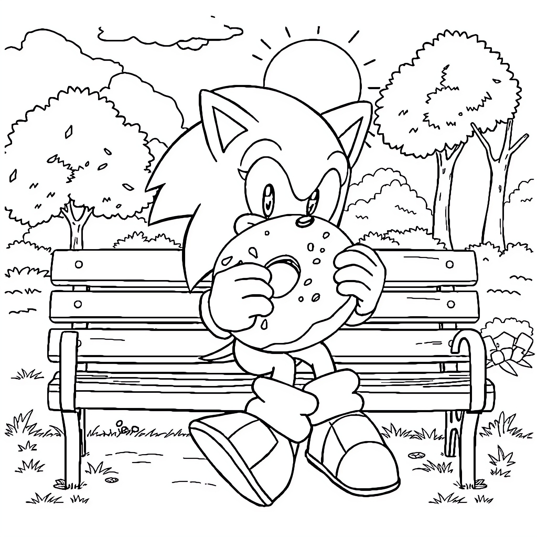 Sonic resting on a park bench Coloring Page (free black-and-white line drawing printable PDF for all, from beginners to advanced learners, including children, teens, adults, and seniors)