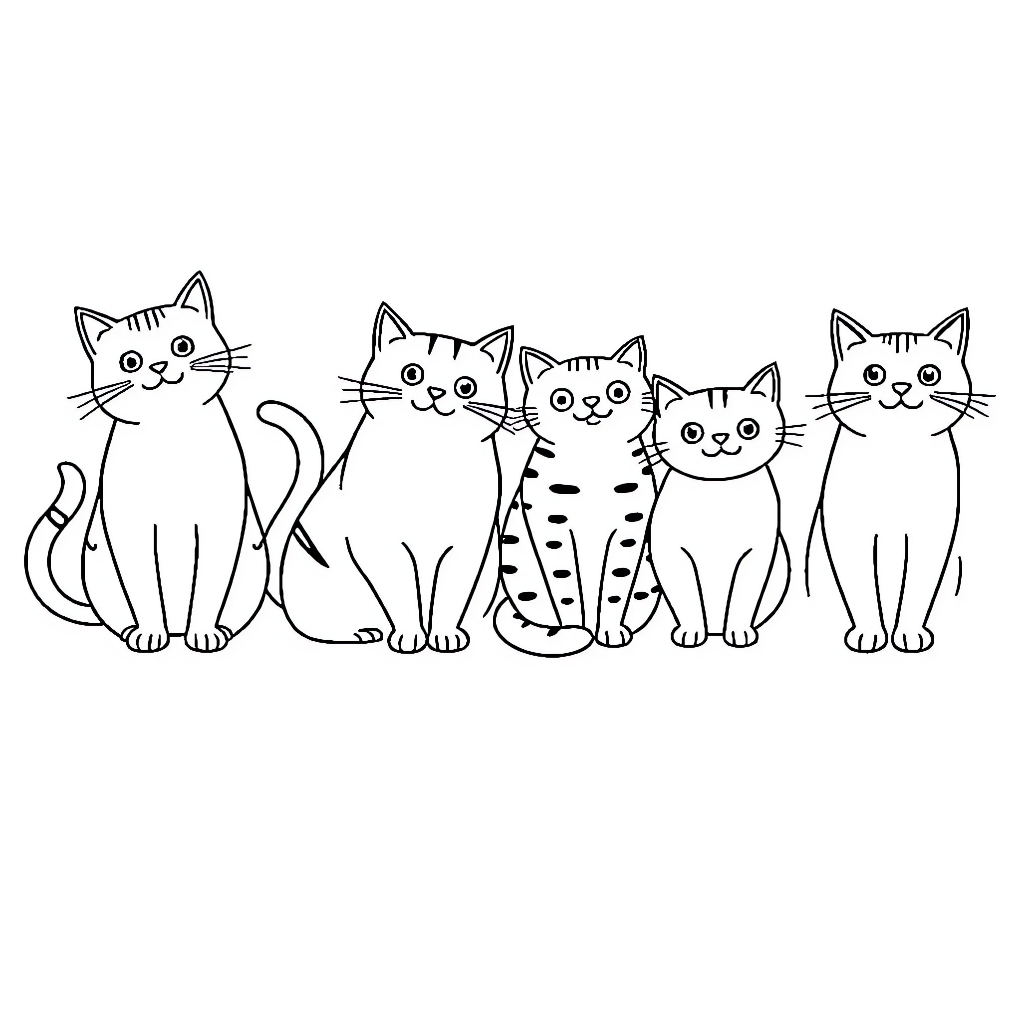 Cat friends sitting together happily Coloring Page (free black-and-white line drawing printable PDF for all, from beginners to advanced learners, including children, teens, adults, and seniors)