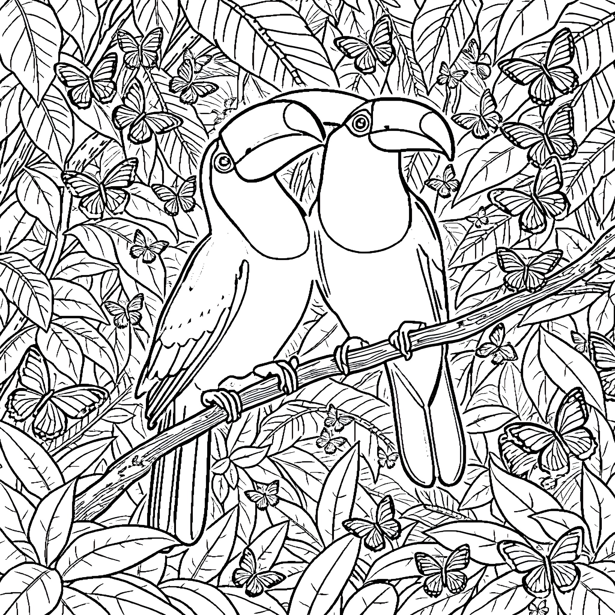 Toucan Pair Perched Amidst Tropical Foliage Coloring Page (free black-and-white line drawing printable PDF for all, from beginners to advanced learners, including children, teens, adults, and seniors)