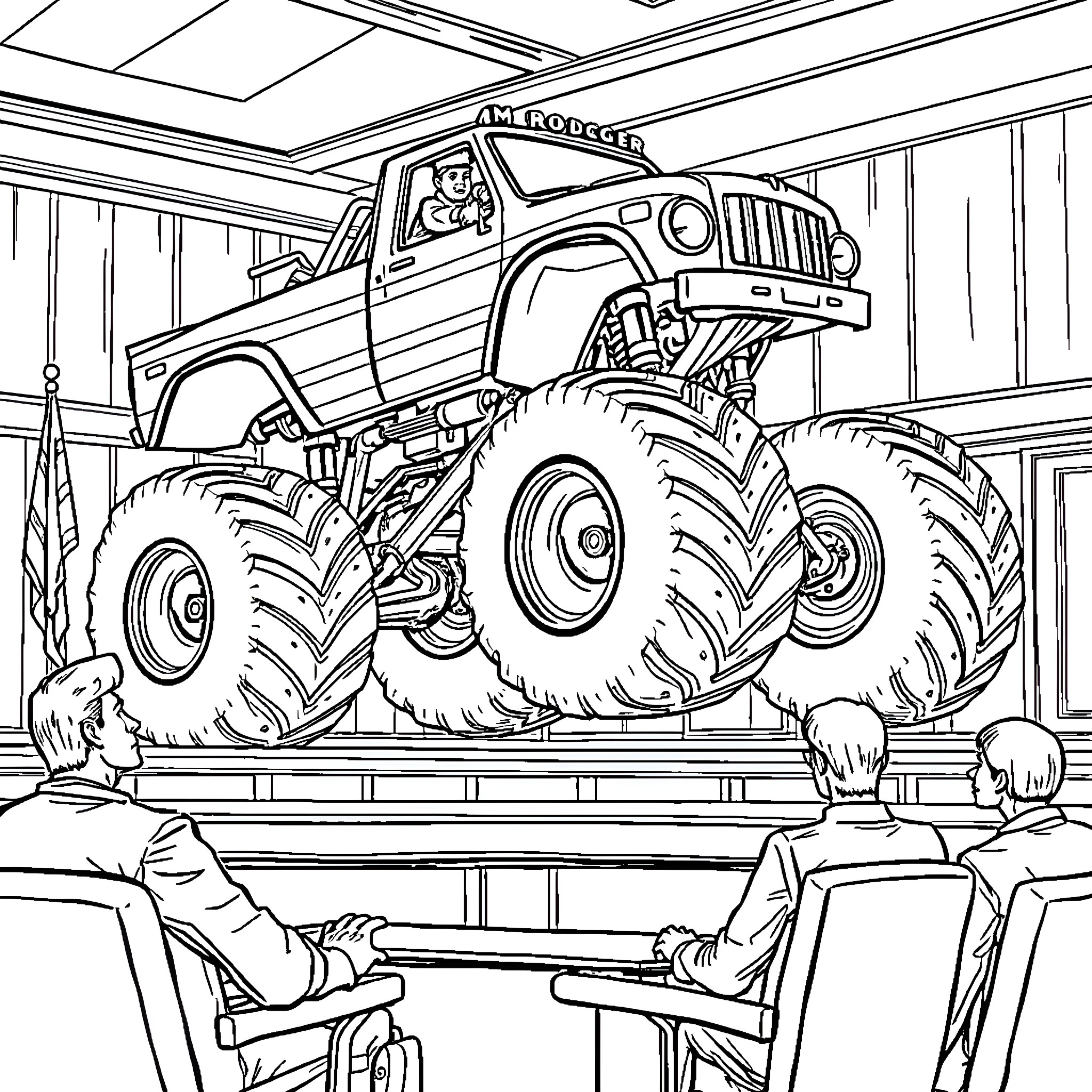 Mr. Rodgers Enjoys a Monster Truck Show Coloring Page (free black-and-white line drawing printable PDF for all, from beginners to advanced learners, including children, teens, adults, and seniors)