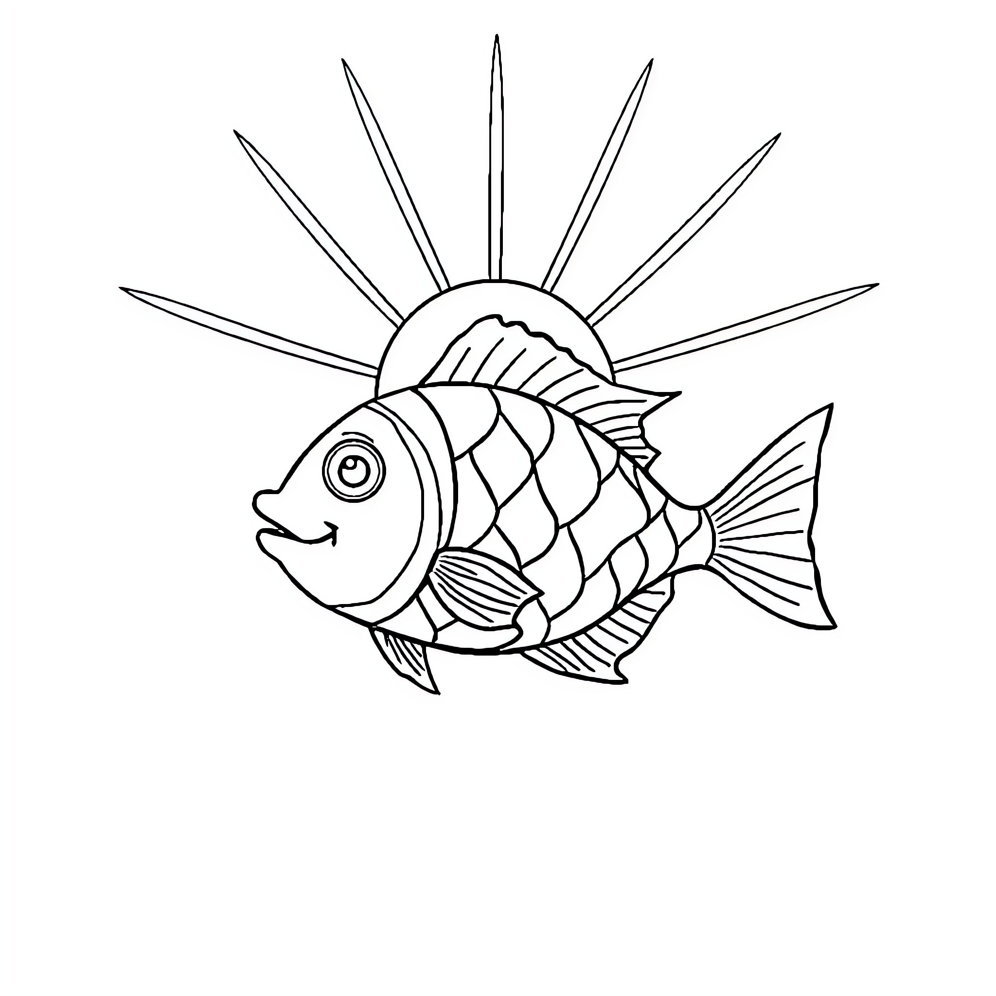 Halo fish swimming under the sun Coloring Page (free black-and-white line drawing printable PDF for all, from beginners to advanced learners, including children, teens, adults, and seniors)