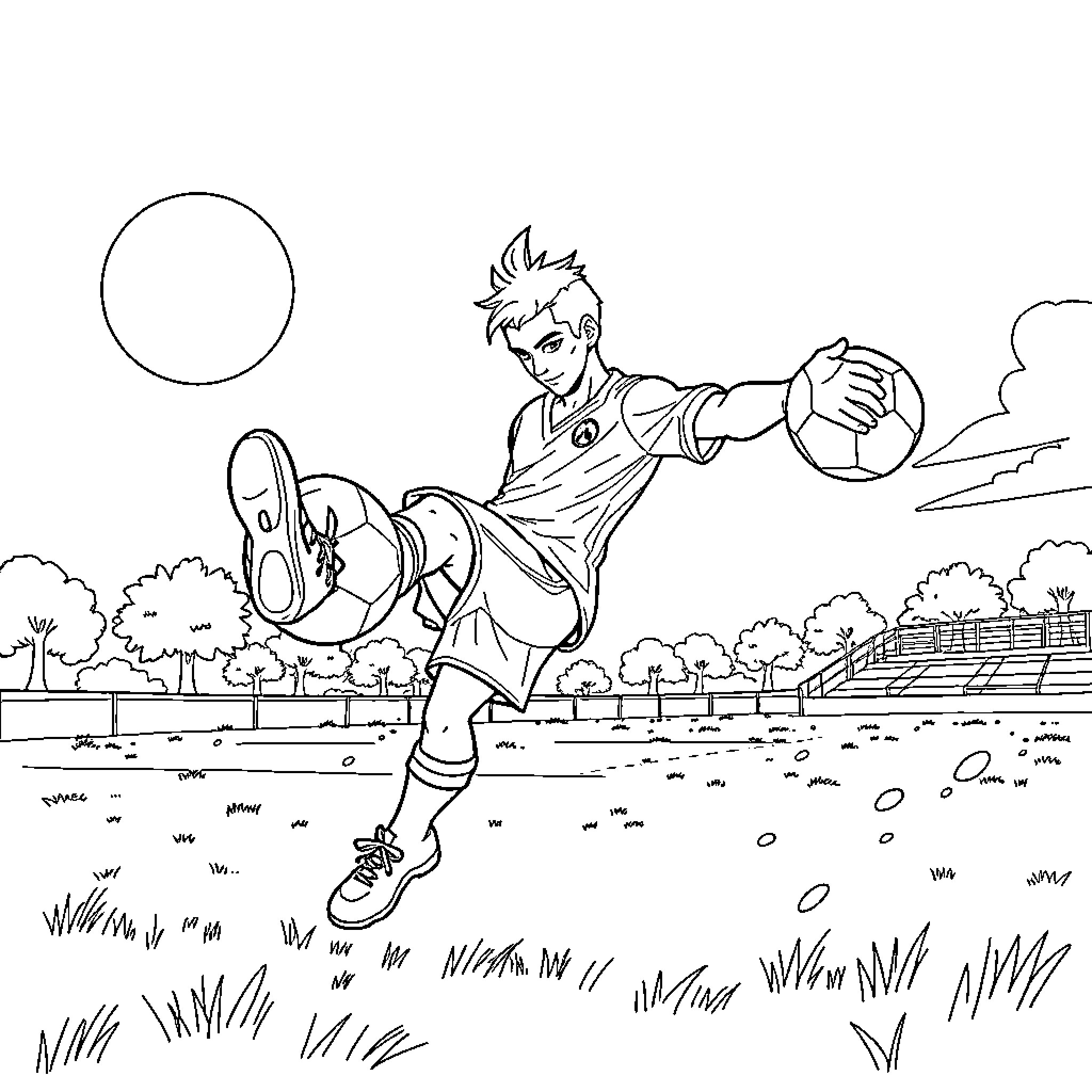 Lucio kicking a soccer ball in an outdoor field Coloring Page (free black-and-white line drawing printable PDF for all, from beginners to advanced learners, including children, teens, adults, and seniors)