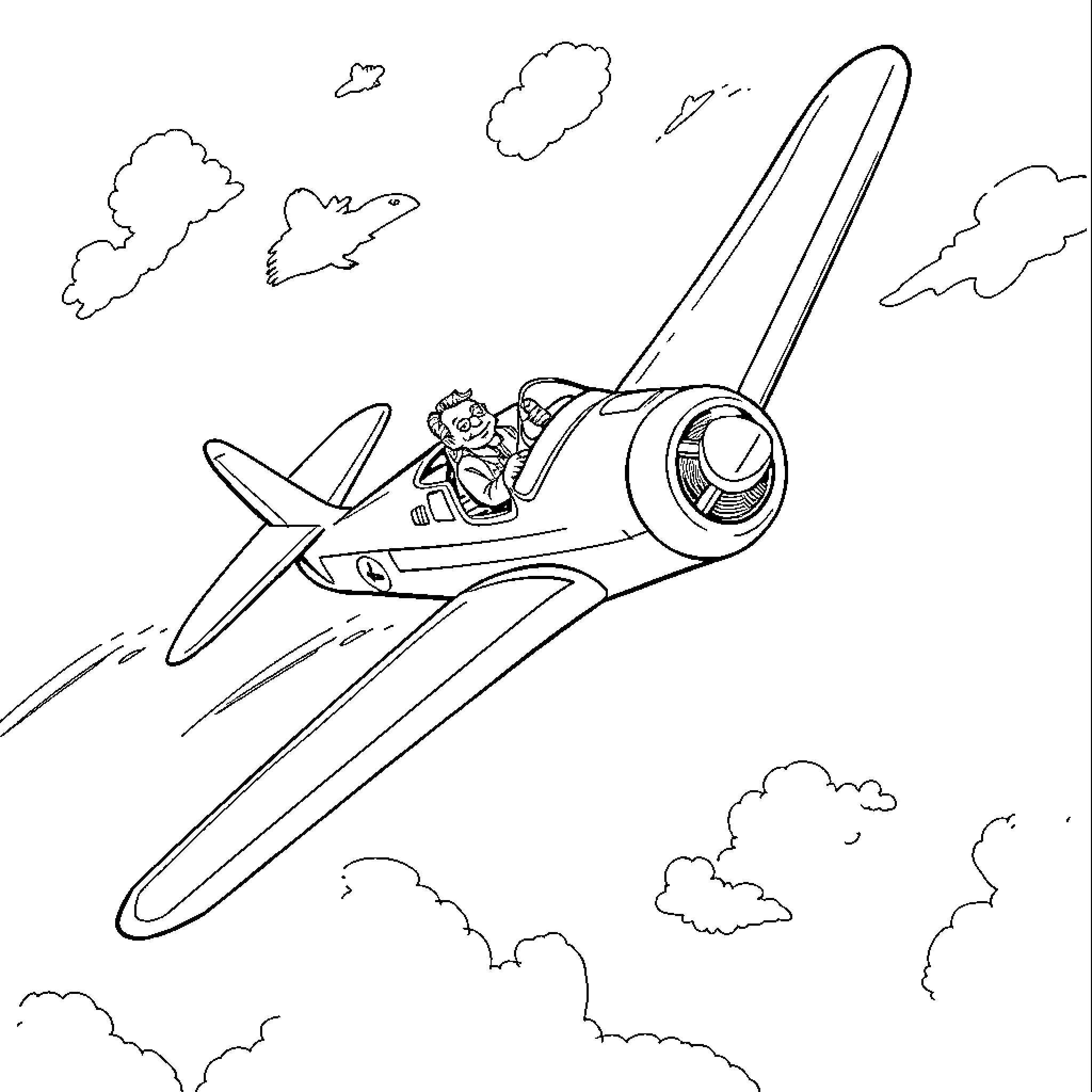 Airplane pilot flying through clouds Coloring Page (free black-and-white line drawing printable PDF for all, from beginners to advanced learners, including children, teens, adults, and seniors)