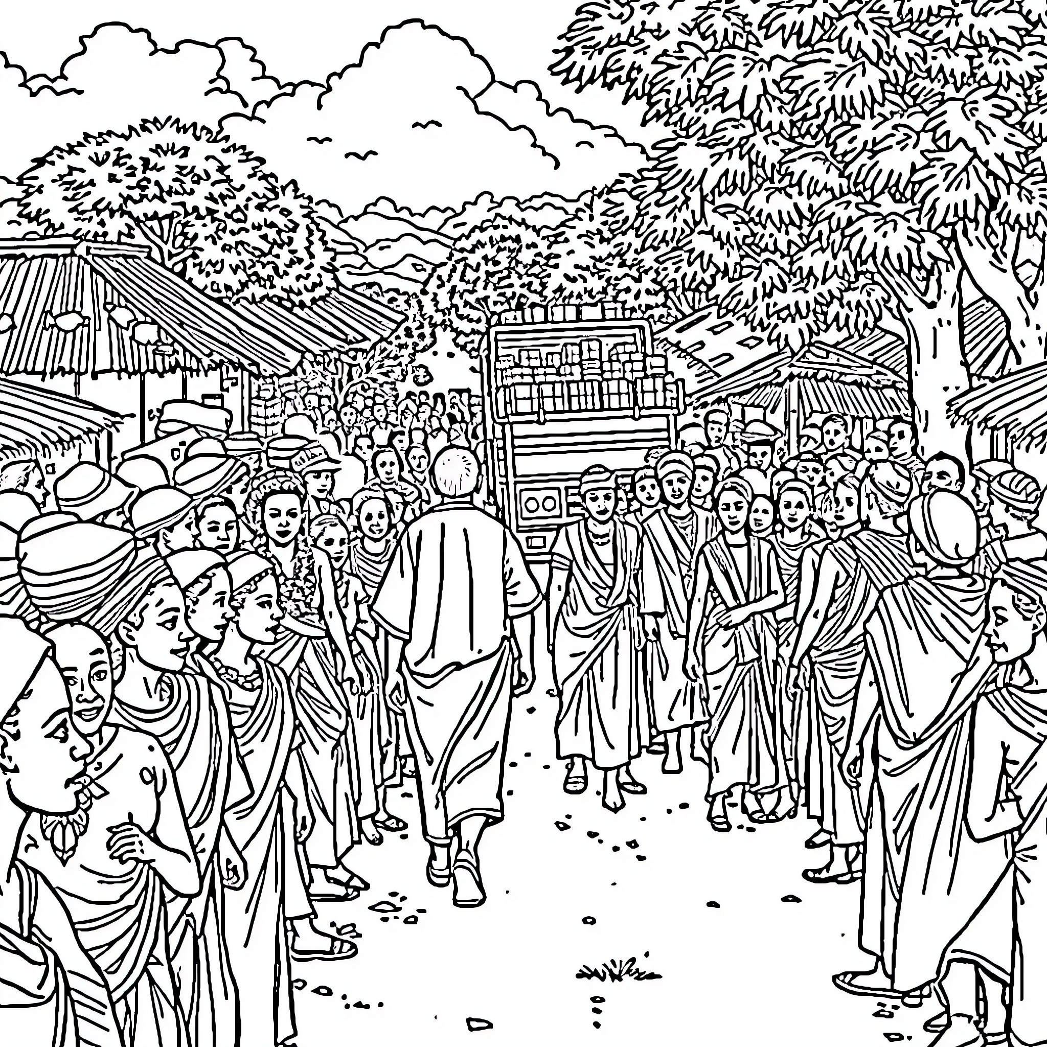 Person walking through a crowded street market Coloring Page (free black-and-white line drawing printable PDF for all, from beginners to advanced learners, including children, teens, adults, and seniors)