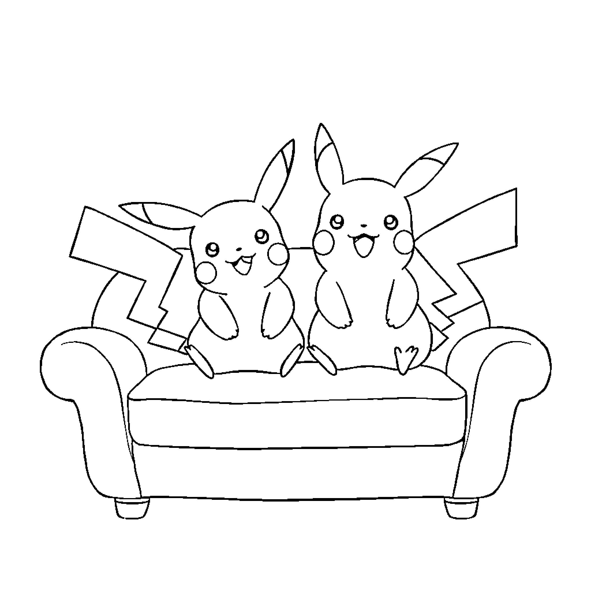 Pikachu and Pals Relaxing on Couch Coloring Page (free black-and-white line drawing printable PDF for all, from beginners to advanced learners, including children, teens, adults, and seniors)