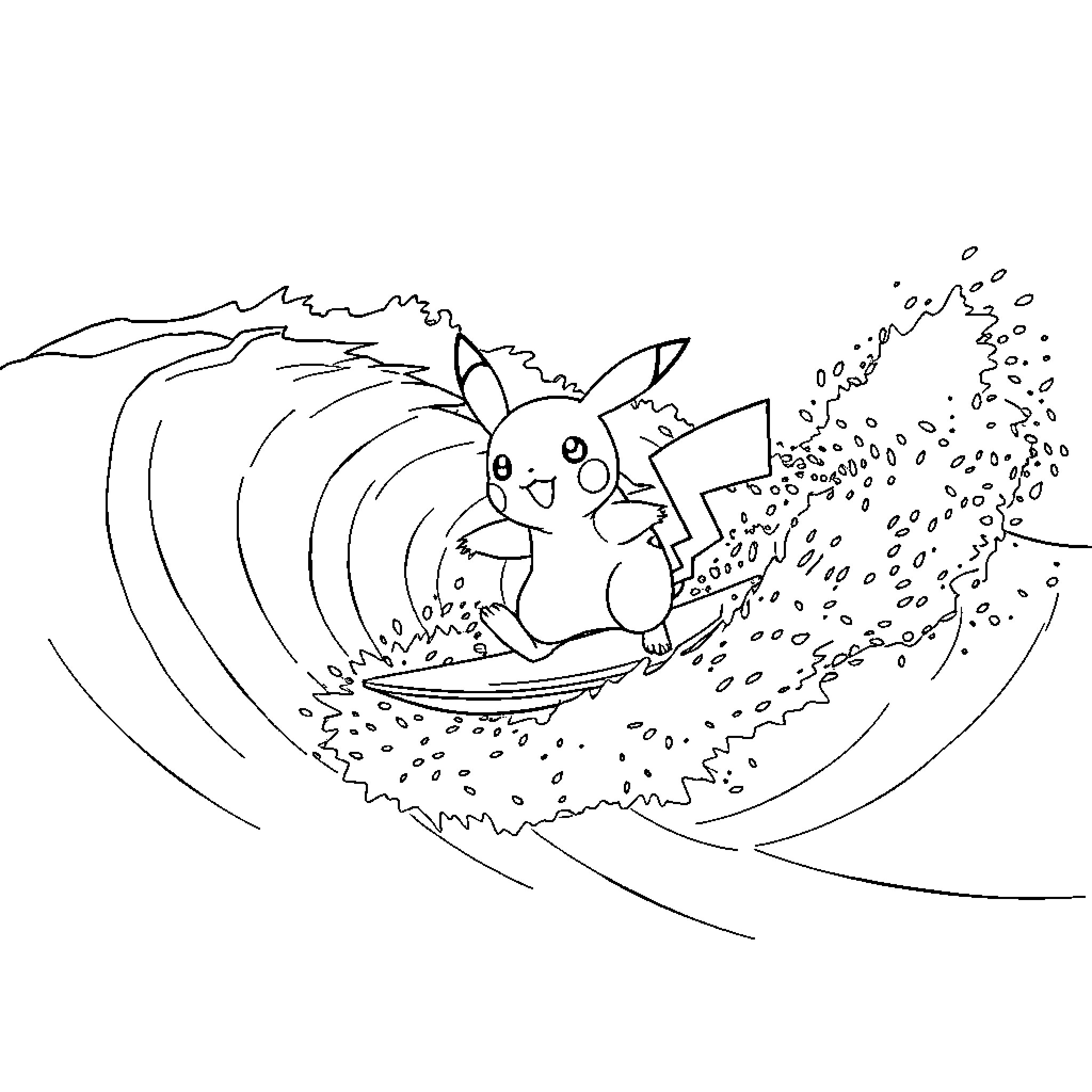 Pikachu surfing the waves Coloring Page (free black-and-white line drawing printable PDF for all, from beginners to advanced learners, including children, teens, adults, and seniors)