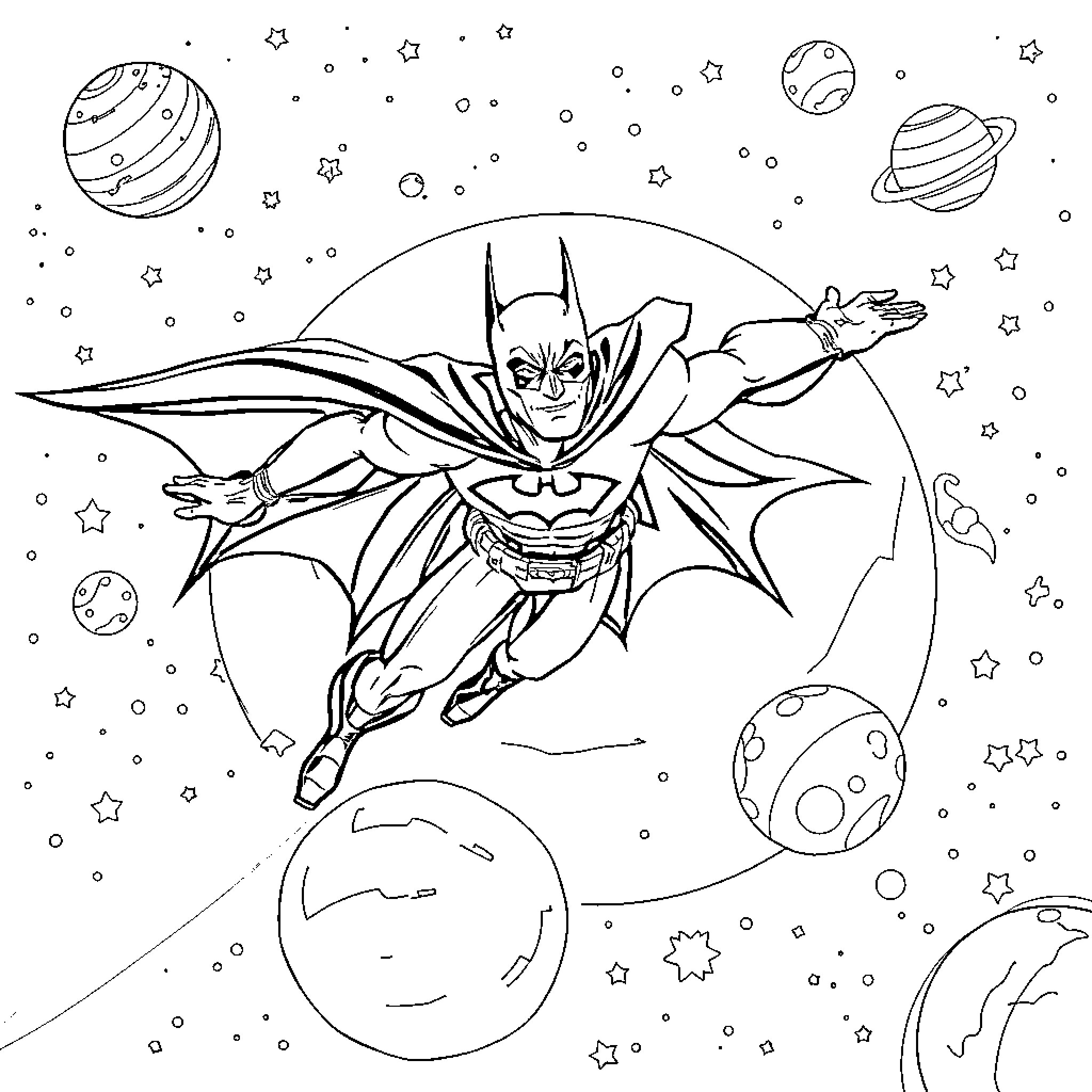 Batman soaring through cosmic space with stars Coloring Page (free black-and-white line drawing printable PDF for all, from beginners to advanced learners, including children, teens, adults, and seniors)