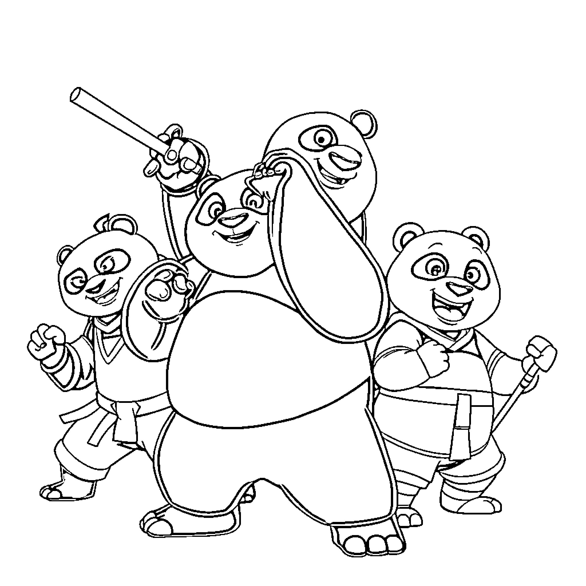 Kung Fu Panda group posing together Coloring Page (free black-and-white line drawing printable PDF for all, from beginners to advanced learners, including children, teens, adults, and seniors)