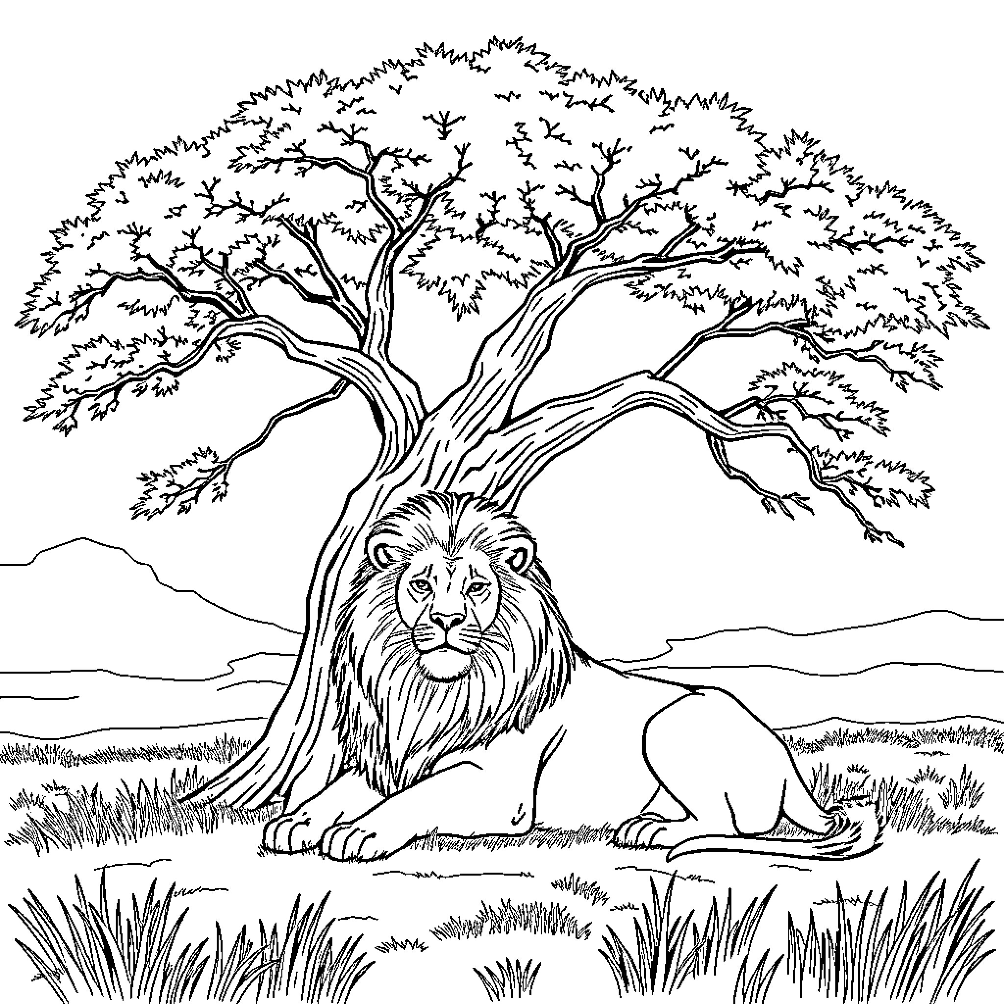 Lion resting beneath majestic tree in serene landscape Coloring Page (free black-and-white line drawing printable PDF for all, from beginners to advanced learners, including children, teens, adults, and seniors)