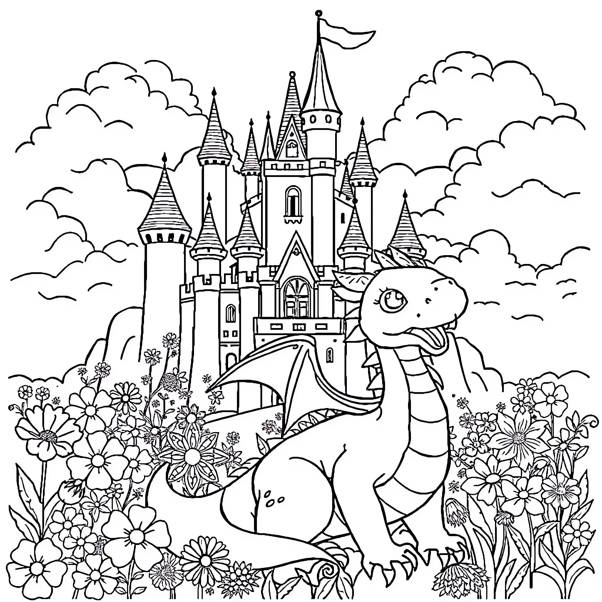 Castle with Dragon in Floral Garden Coloring Page (free black-and-white line drawing printable PDF for all, from beginners to advanced learners, including children, teens, adults, and seniors)
