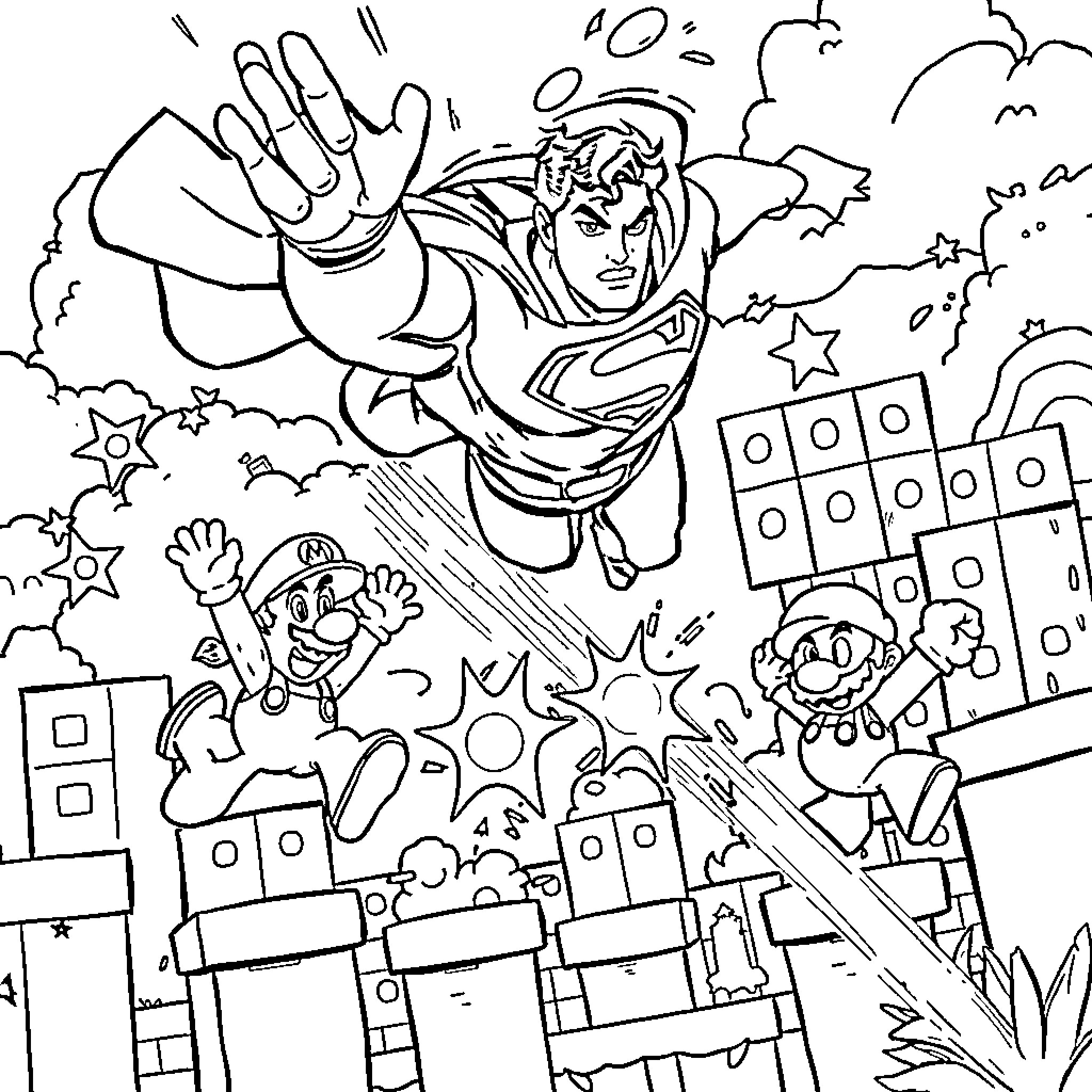 Superman saves the day with heroic actions Coloring Page (free black-and-white line drawing printable PDF for all, from beginners to advanced learners, including children, teens, adults, and seniors)