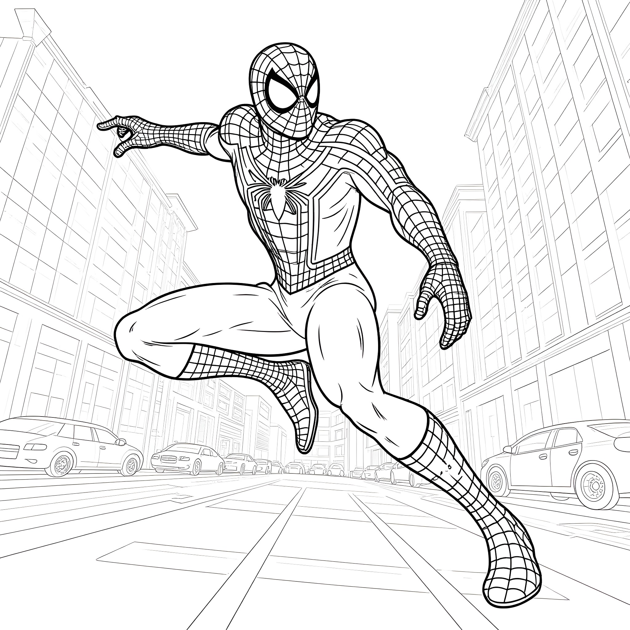 Spider-Man swinging through the city streets Coloring Page (free black-and-white line drawing printable PDF for all, from beginners to advanced learners, including children, teens, adults, and seniors)