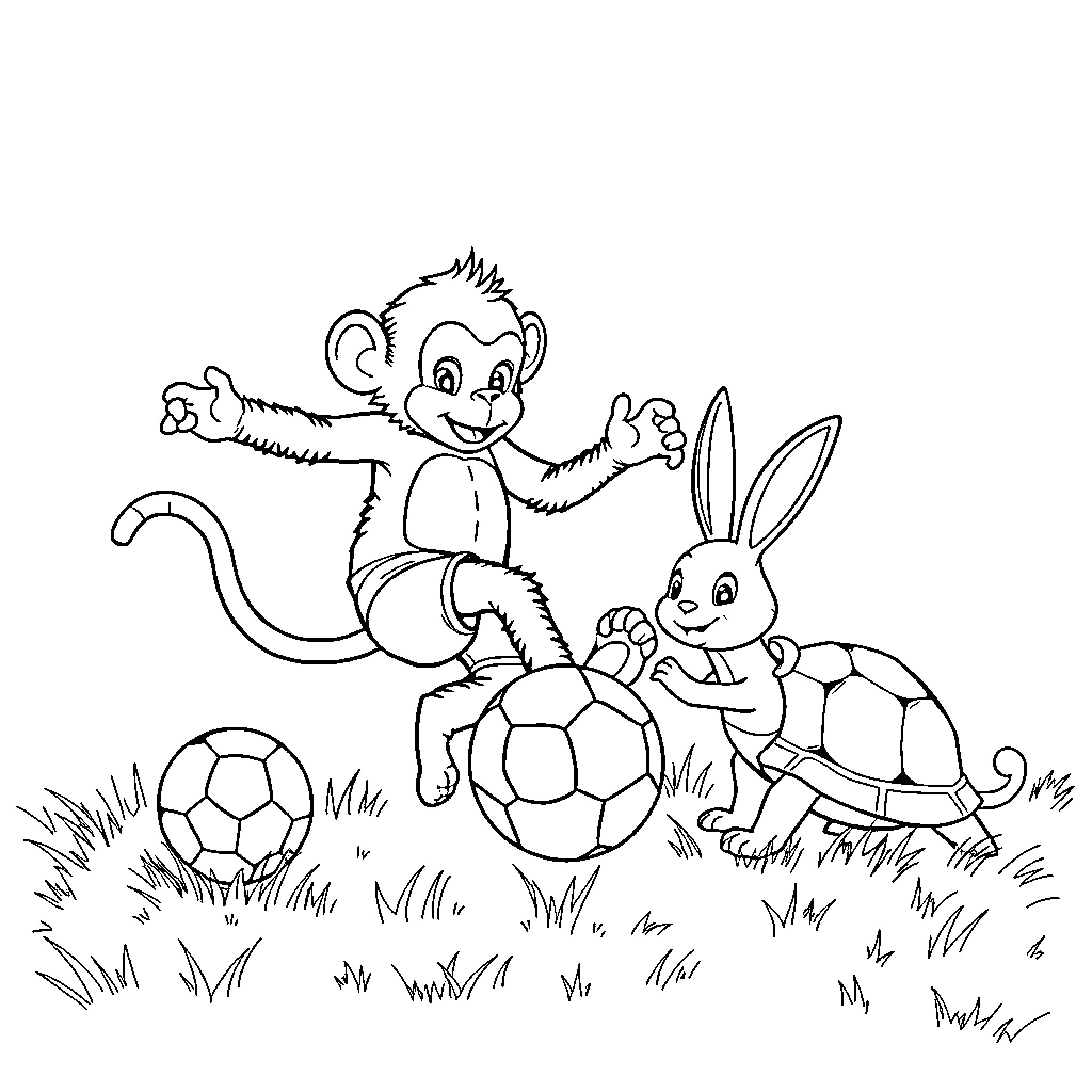 Monkey and Rabbit playing with soccer balls in the park Coloring Page (free black-and-white line drawing printable PDF for all, from beginners to advanced learners, including children, teens, adults, and seniors)