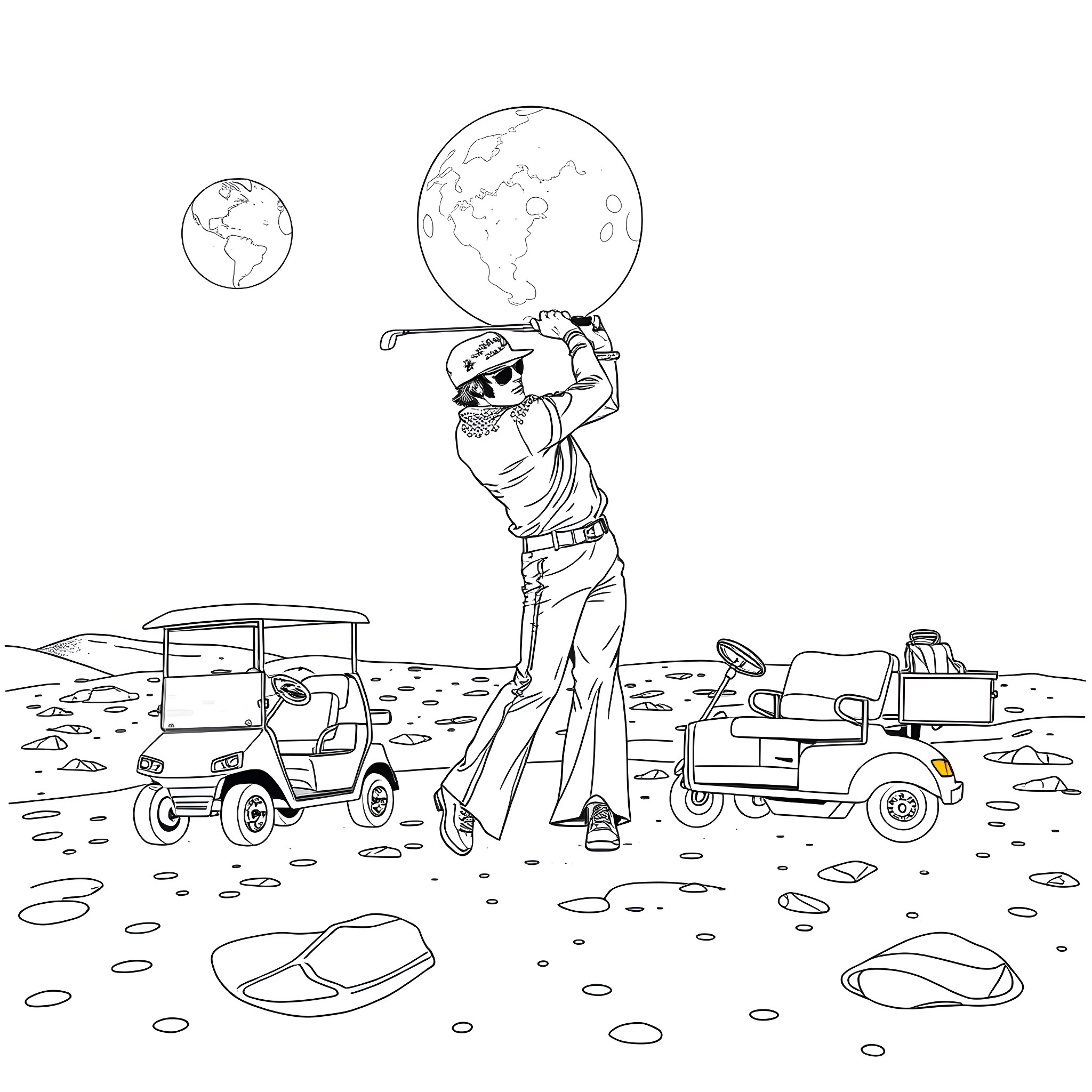 Elvis golfing in a surreal landscape Coloring Page (free black-and-white line drawing printable PDF for all, from beginners to advanced learners, including children, teens, adults, and seniors)