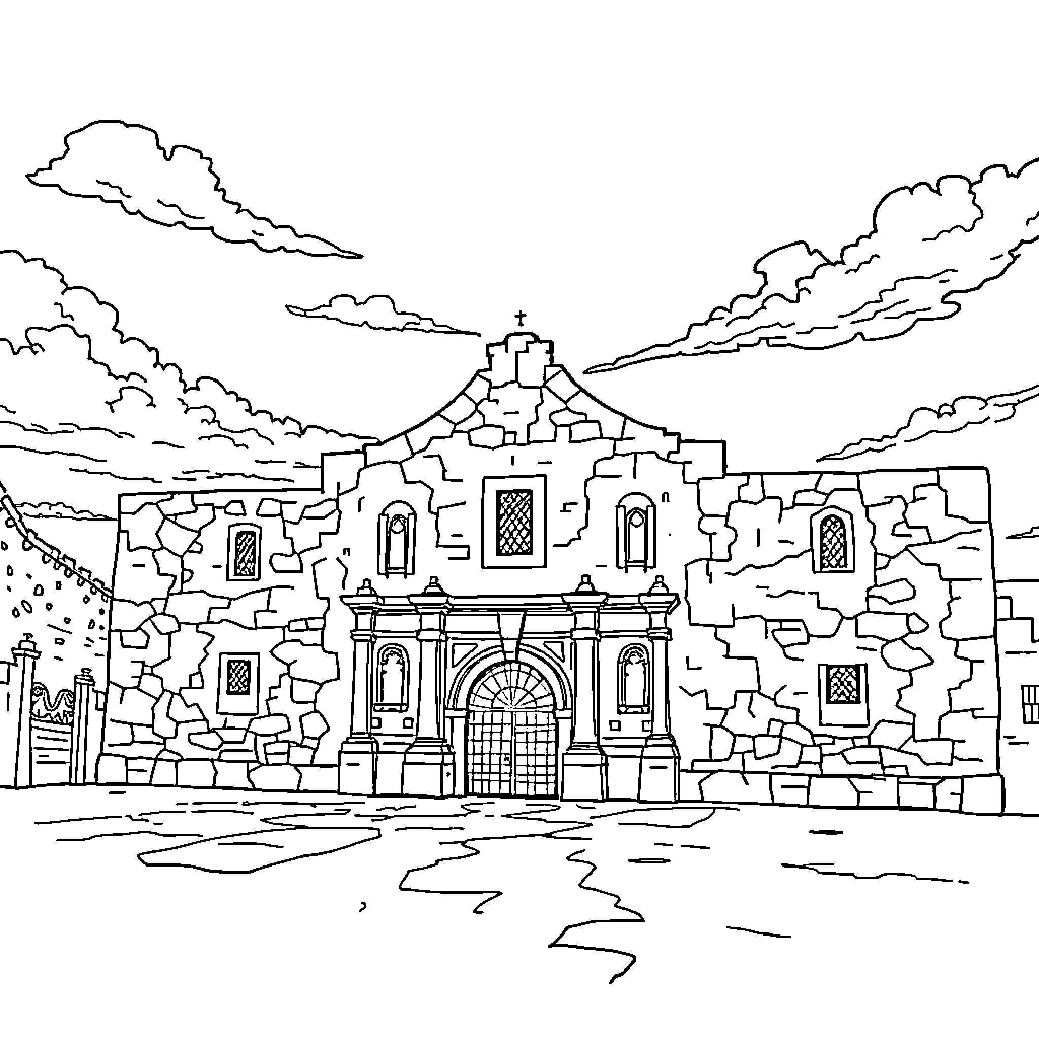 Alamo Mission in the Cloudy Landscape Coloring Page (free black-and-white line drawing printable PDF for all, from beginners to advanced learners, including children, teens, adults, and seniors)