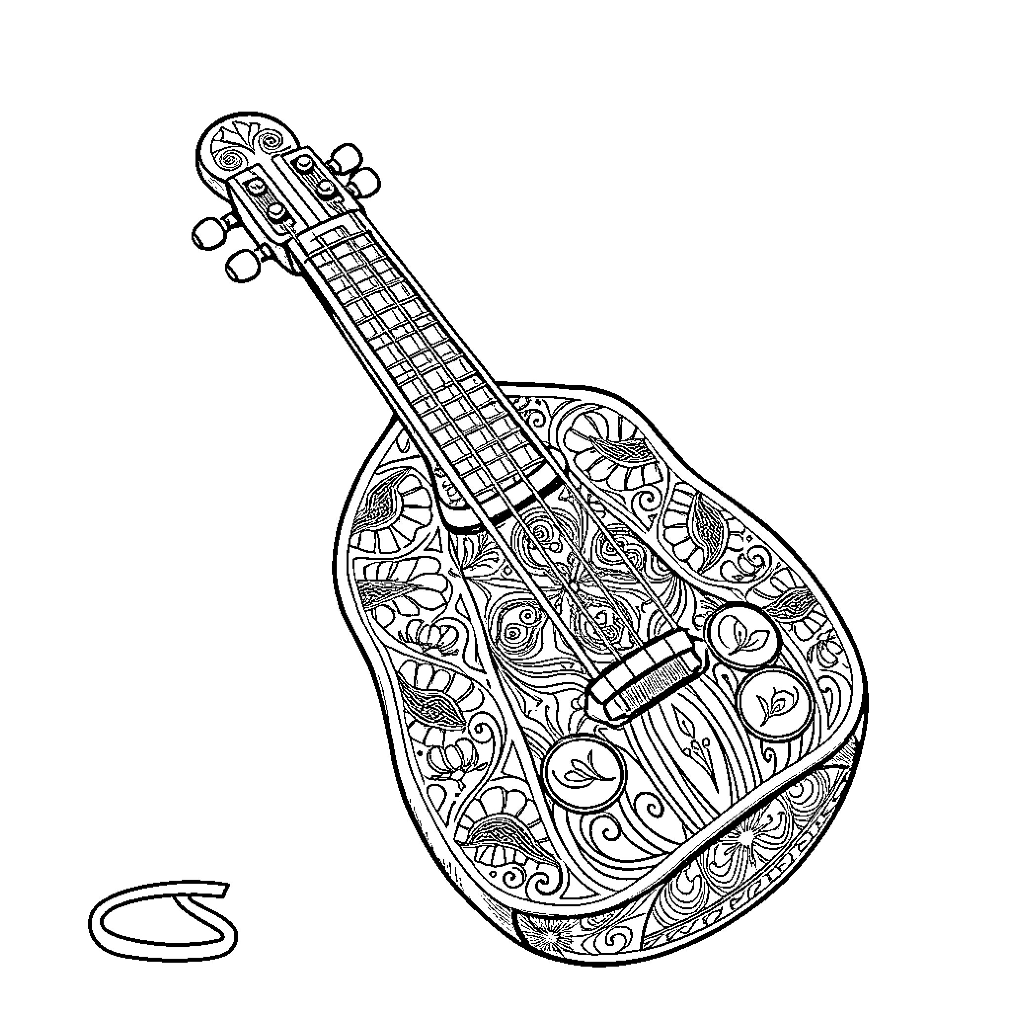 Musical Instrument with Intricate Designs Coloring Page (free black-and-white line drawing printable PDF for all, from beginners to advanced learners, including children, teens, adults, and seniors)