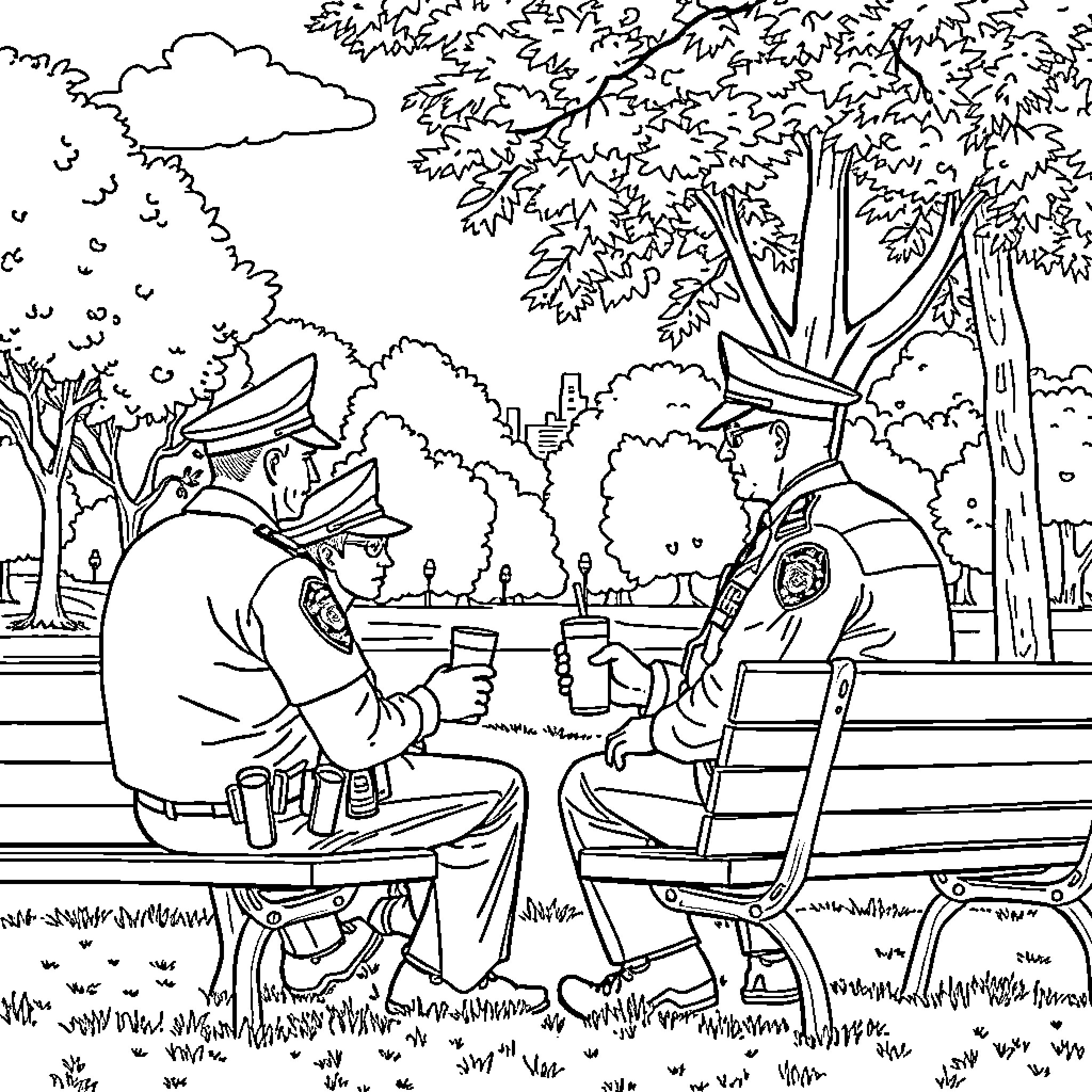 Policía compartiendo un descanso en el parque Coloring Page (free black-and-white line drawing printable PDF for all, from beginners to advanced learners, including children, teens, adults, and seniors)