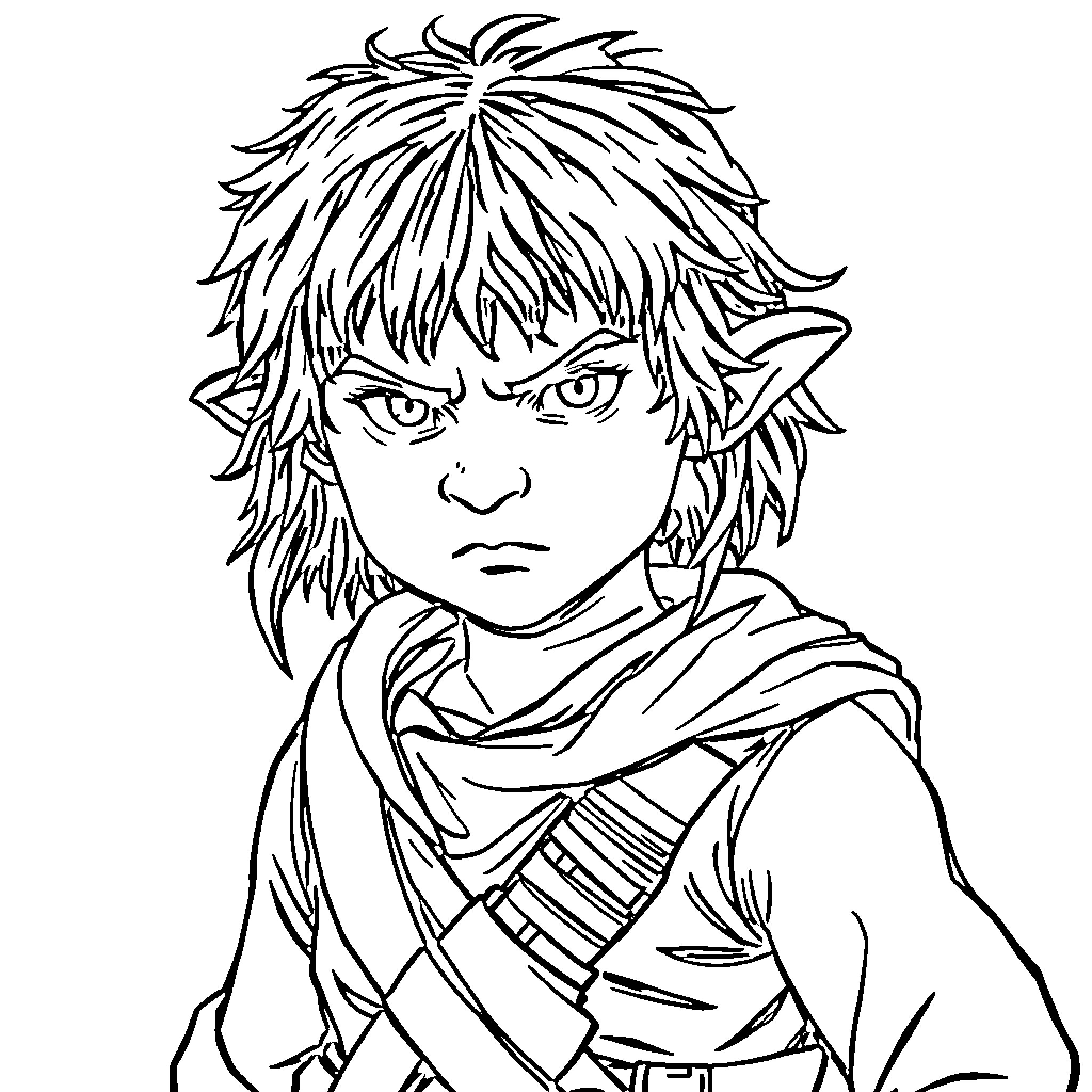 Frodo's Serious Expression in Adventurous Attire Coloring Page (free black-and-white line drawing printable PDF for all, from beginners to advanced learners, including children, teens, adults, and seniors)