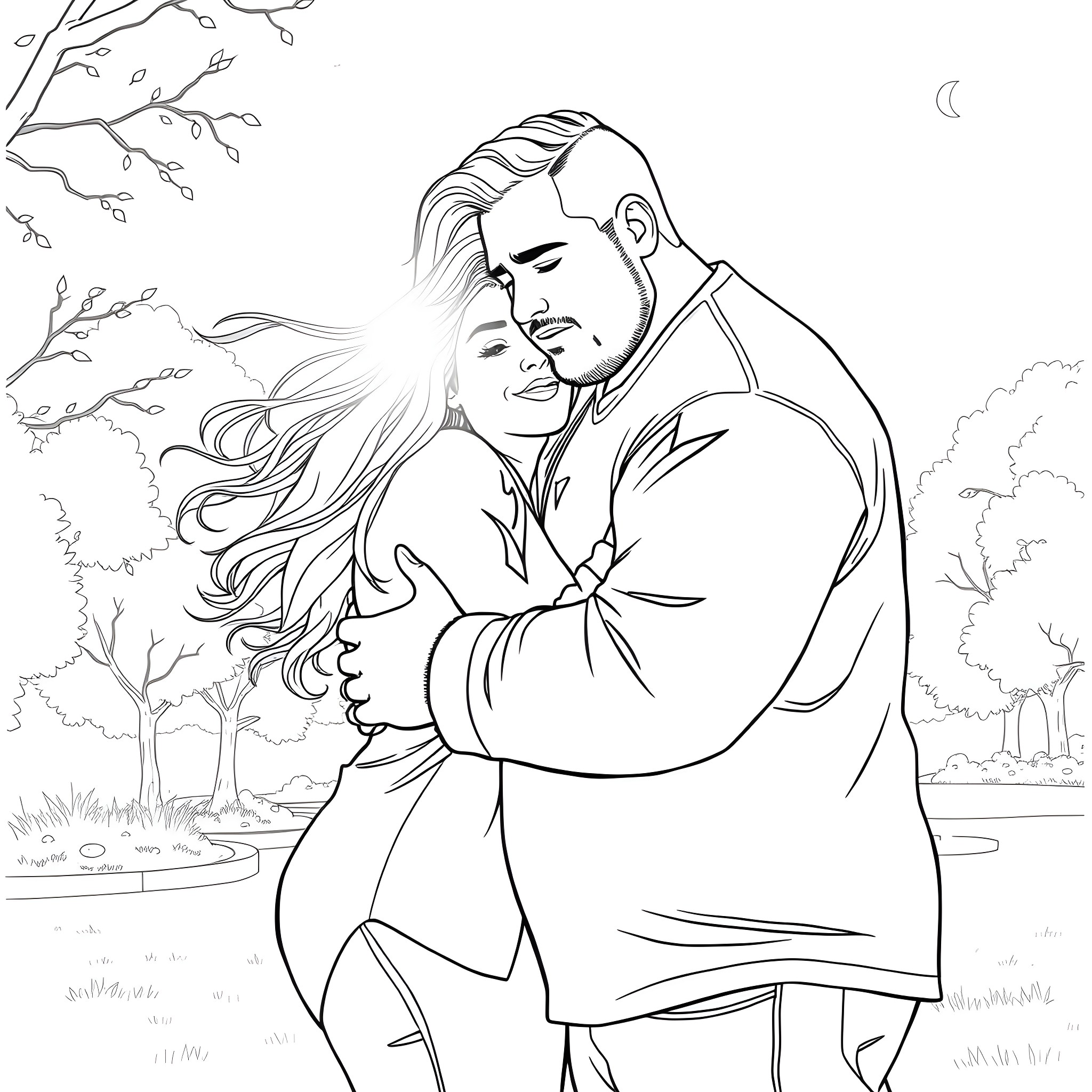 Man embracing woman tenderly in winter landscape Coloring Page (free black-and-white line drawing printable PDF for all, from beginners to advanced learners, including children, teens, adults, and seniors)
