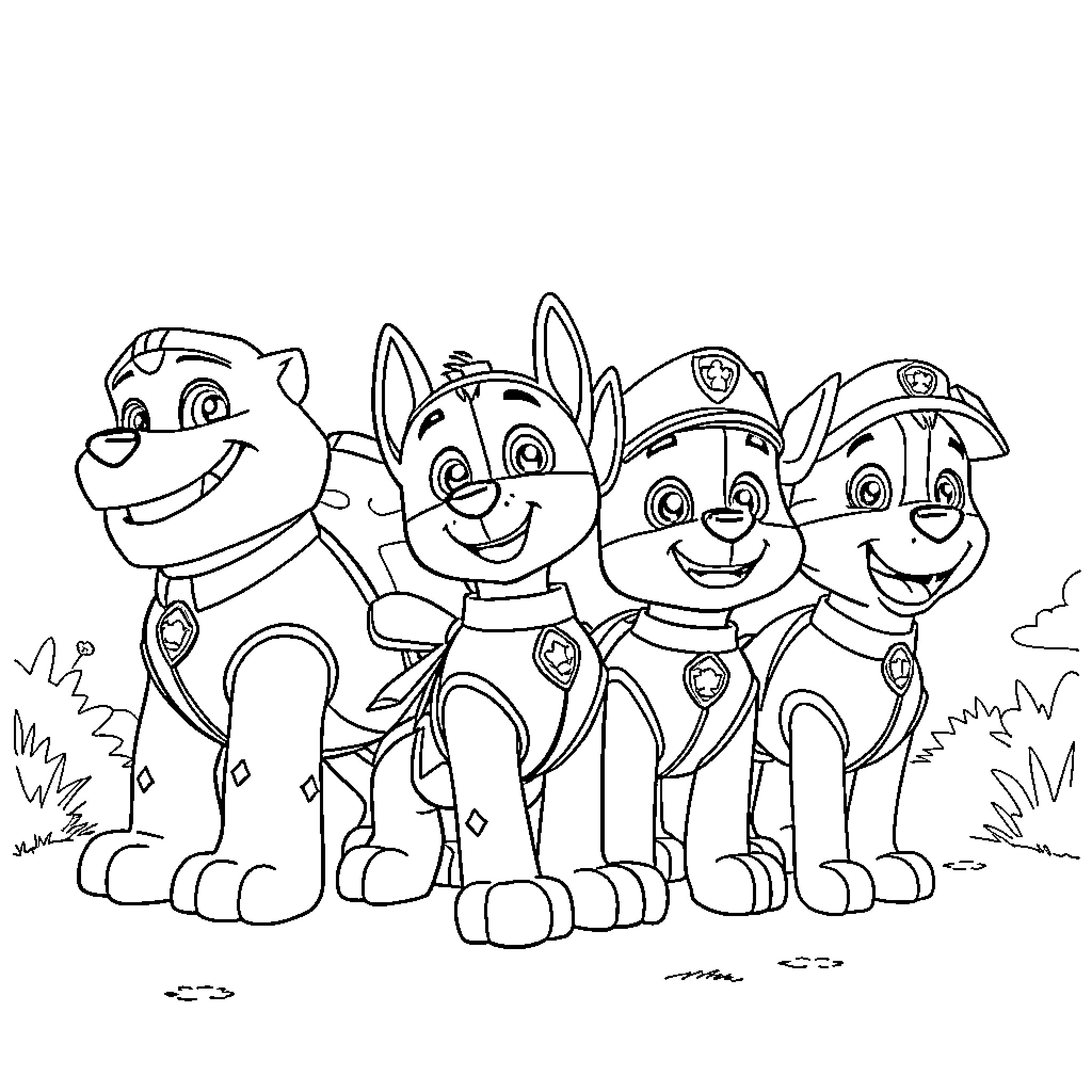 Paw Patrol characters in action poses Coloring Page (free black-and-white line drawing printable PDF for all, from beginners to advanced learners, including children, teens, adults, and seniors)