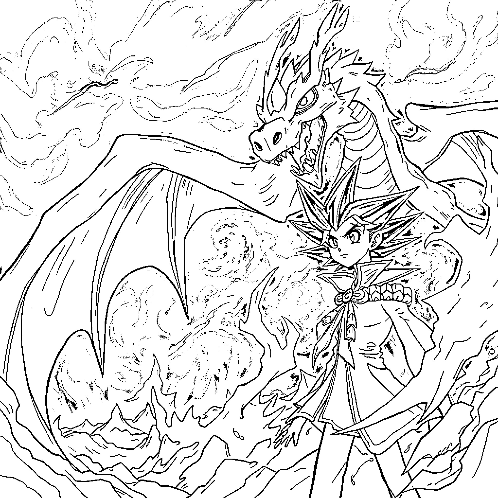 Yugi's Fierce Duel with Mythical Dragon Coloring Page (free black-and-white line drawing printable PDF for all, from beginners to advanced learners, including children, teens, adults, and seniors)