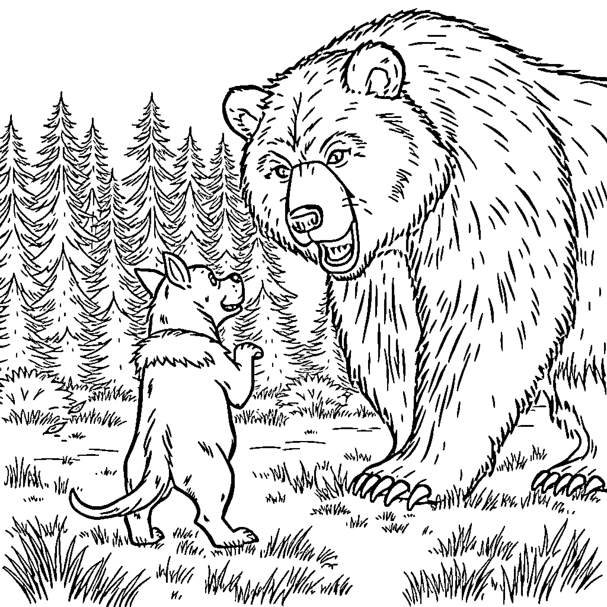 Dog and Bear in the Forest Coloring Page (free black-and-white line drawing printable PDF for all, from beginners to advanced learners, including children, teens, adults, and seniors)