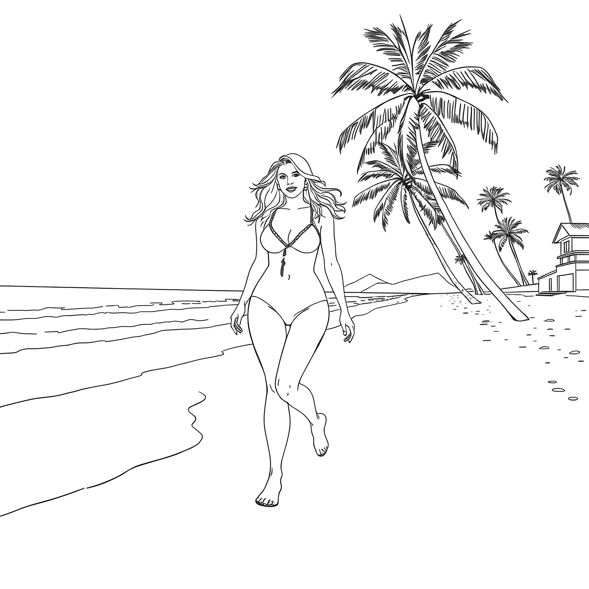 Kate Upton strolling along tropical beach Coloring Page (free black-and-white line drawing printable PDF for all, from beginners to advanced learners, including children, teens, adults, and seniors)
