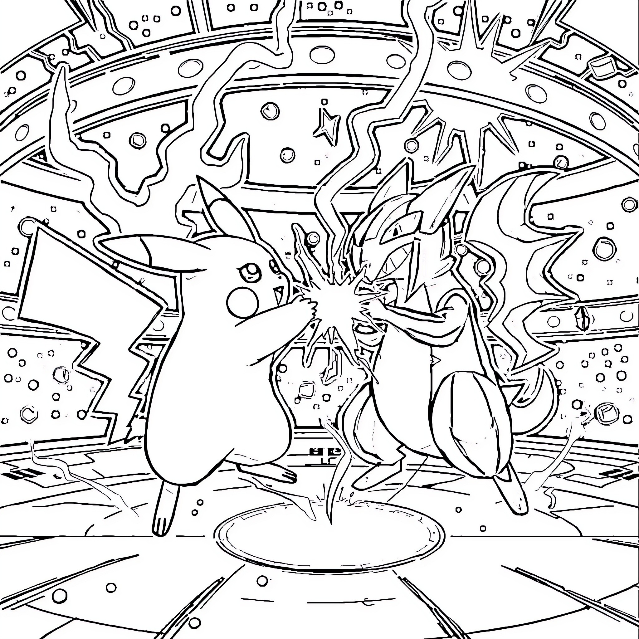Pikachu battling with electrifying moves Coloring Page (free black-and-white line drawing printable PDF for all, from beginners to advanced learners, including children, teens, adults, and seniors)