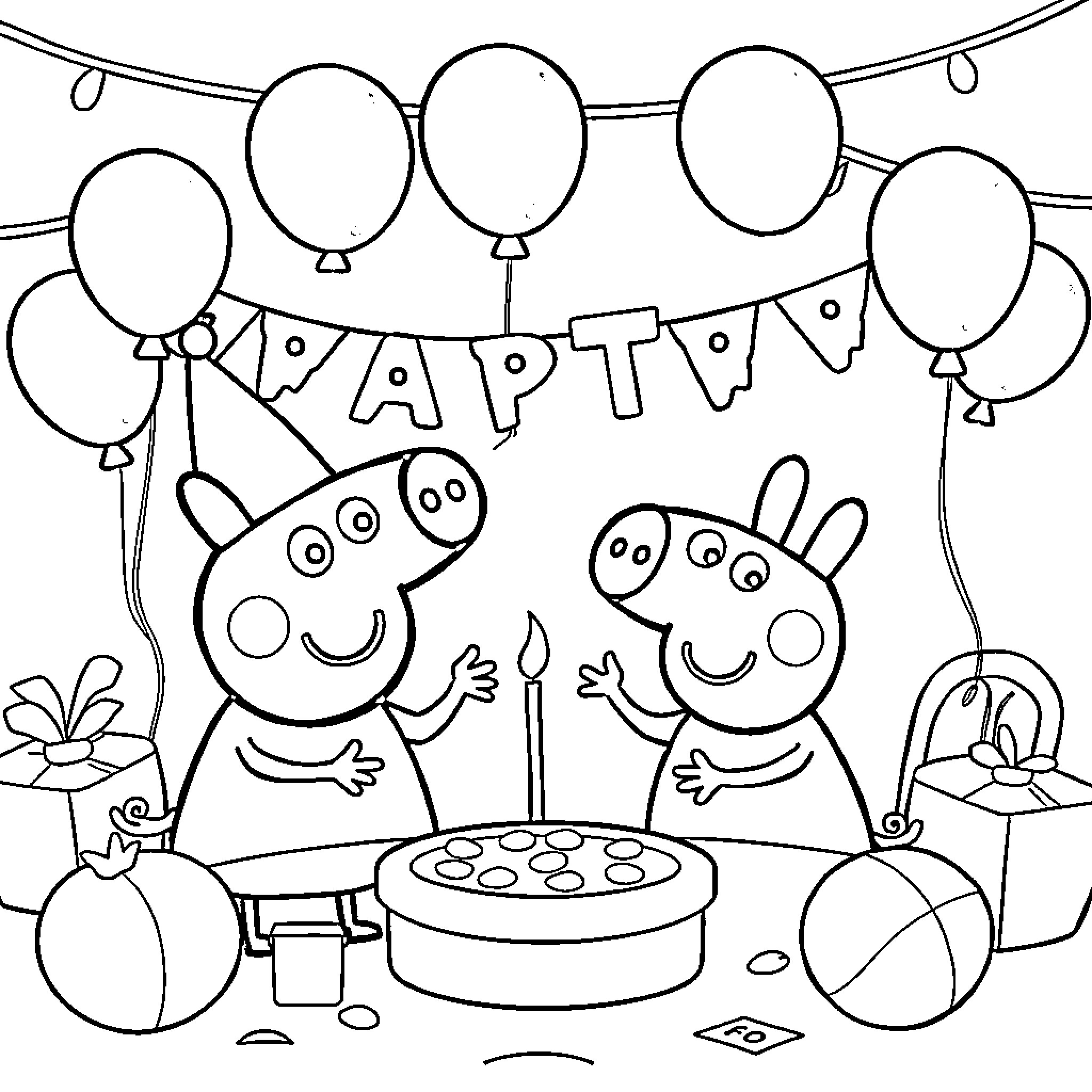 Bluey and Friends Celebrate a Happy Birthday Coloring Page (free black-and-white line drawing printable PDF for all, from beginners to advanced learners, including children, teens, adults, and seniors)