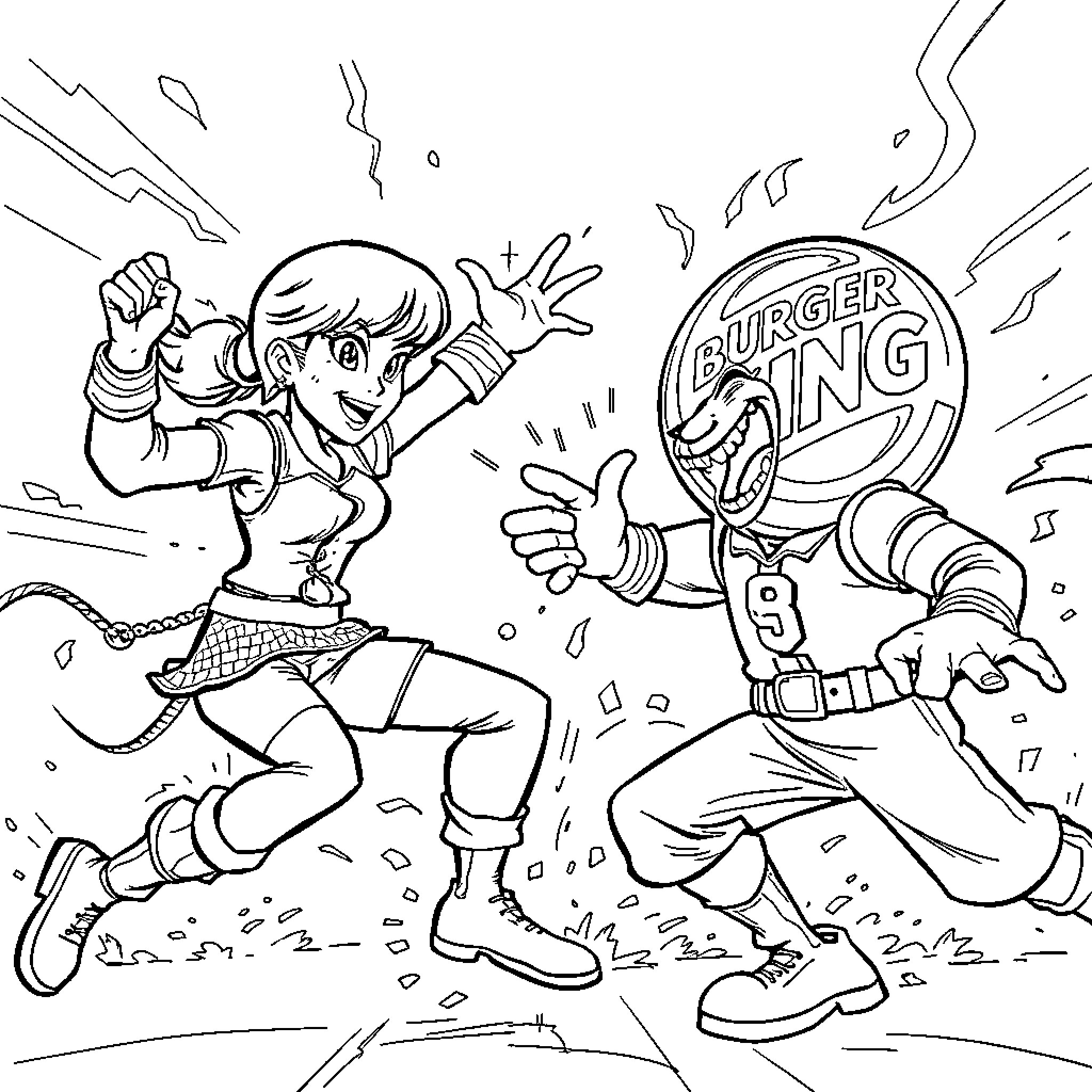 Wendy's battle with Burger King mascot Coloring Page (free black-and-white line drawing printable PDF for all, from beginners to advanced learners, including children, teens, adults, and seniors)