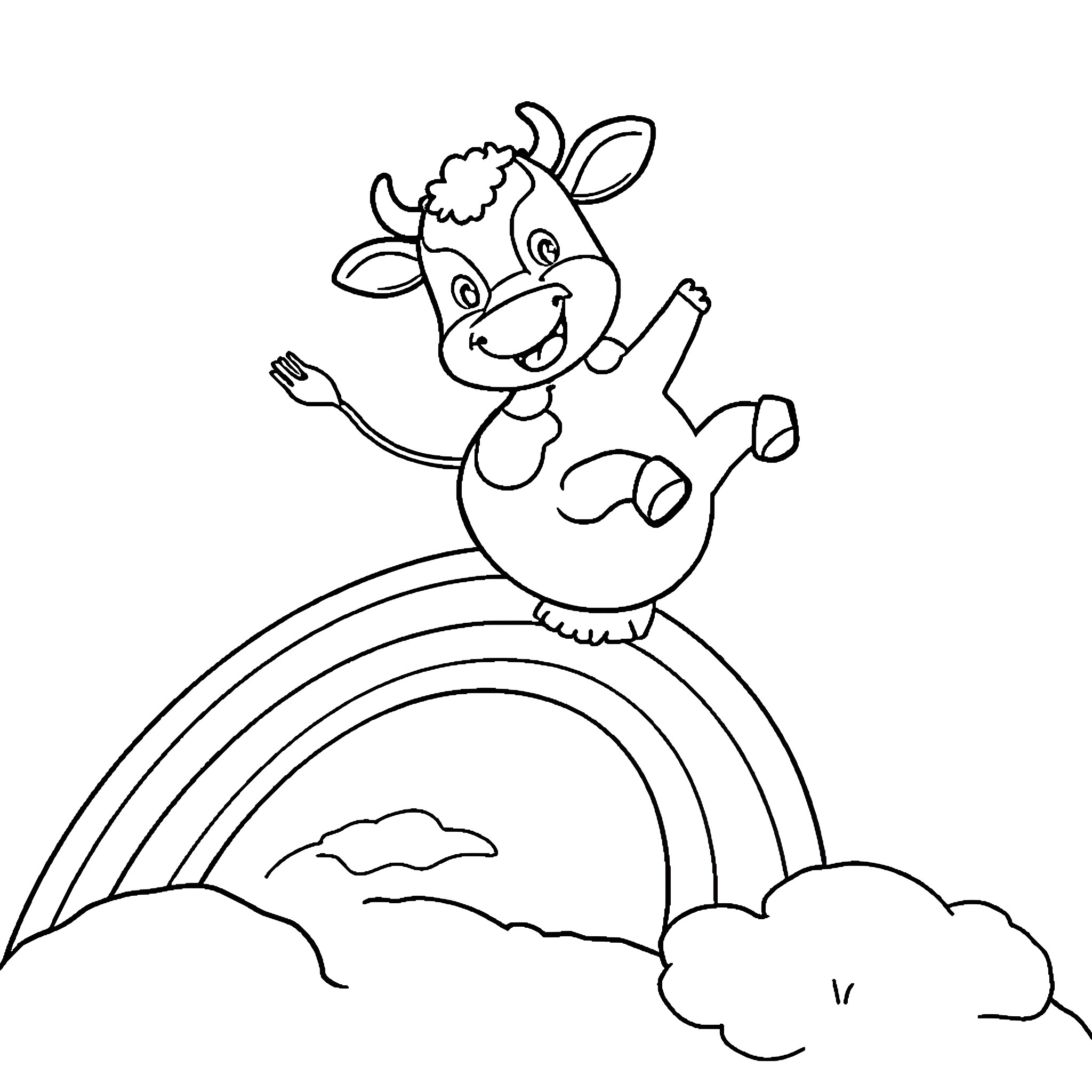 Cow dancing happily on rainbow Coloring Page (free black-and-white line drawing printable PDF for all, from beginners to advanced learners, including children, teens, adults, and seniors)