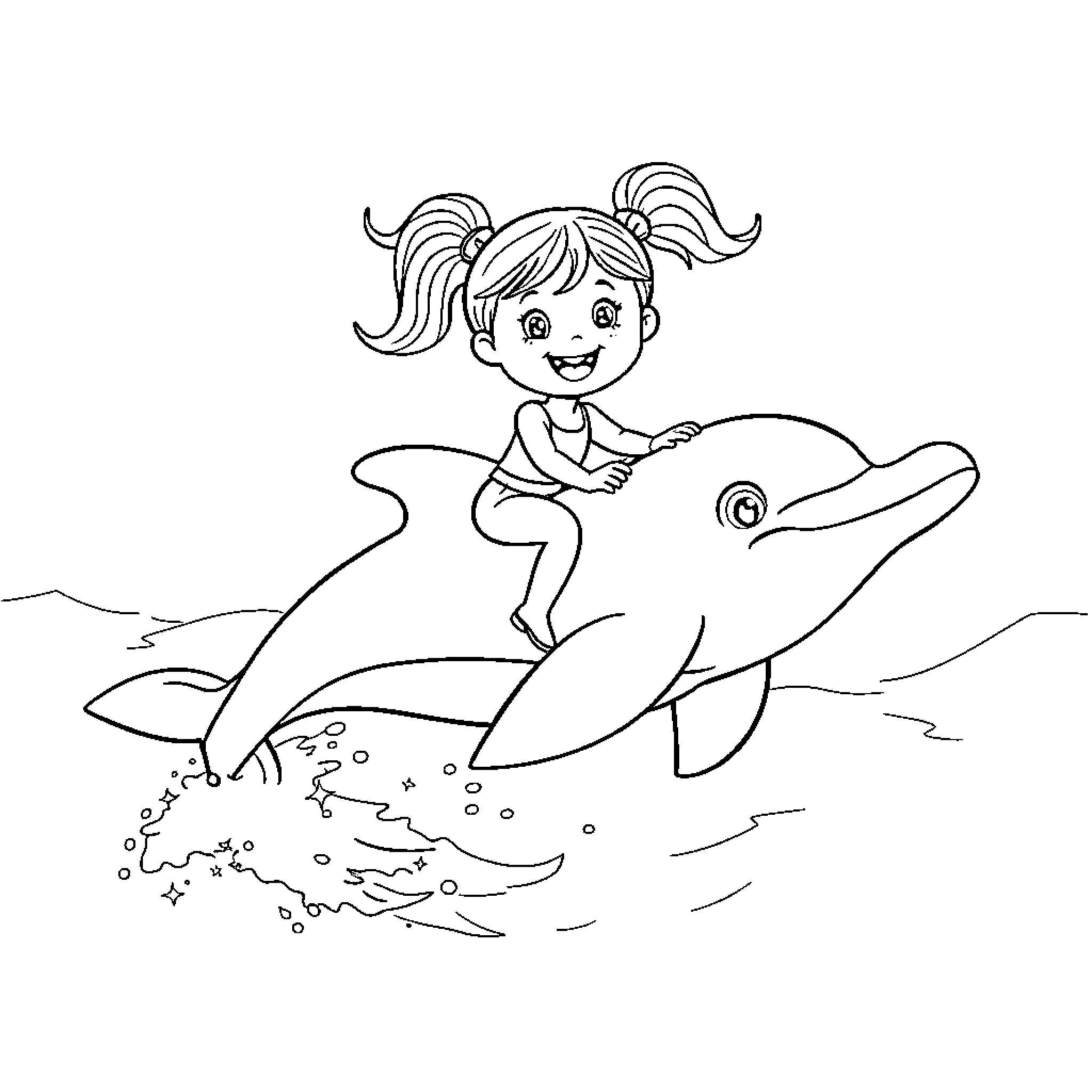 Girl riding a friendly dolphin in the ocean Coloring Page (free black-and-white line drawing printable PDF for all, from beginners to advanced learners, including children, teens, adults, and seniors)