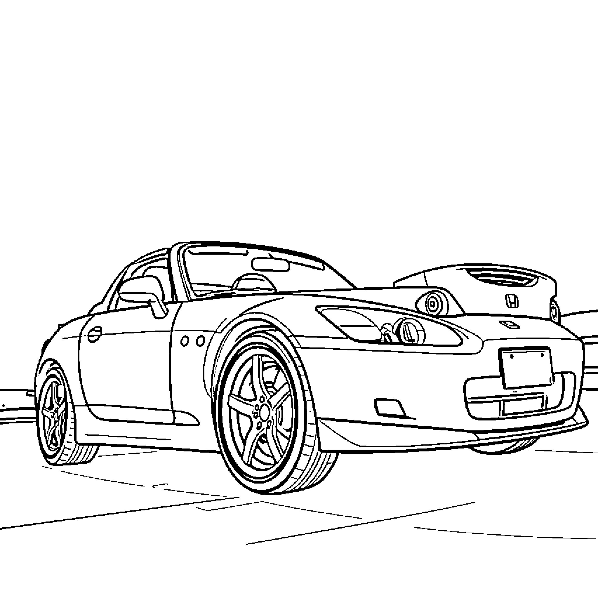 Honda S2000 in sports car action pose Coloring Page (free black-and-white line drawing printable PDF for all, from beginners to advanced learners, including children, teens, adults, and seniors)