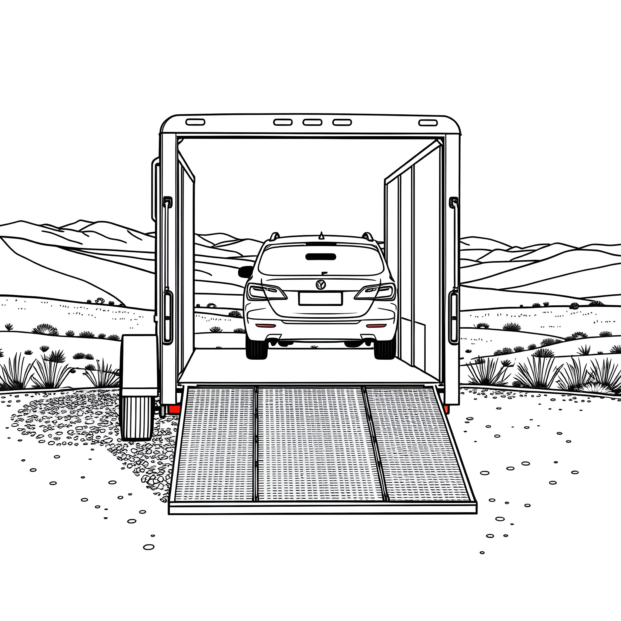 Car Trailer in Rural Landscape Coloring Page (free black-and-white line drawing printable PDF for all, from beginners to advanced learners, including children, teens, adults, and seniors)